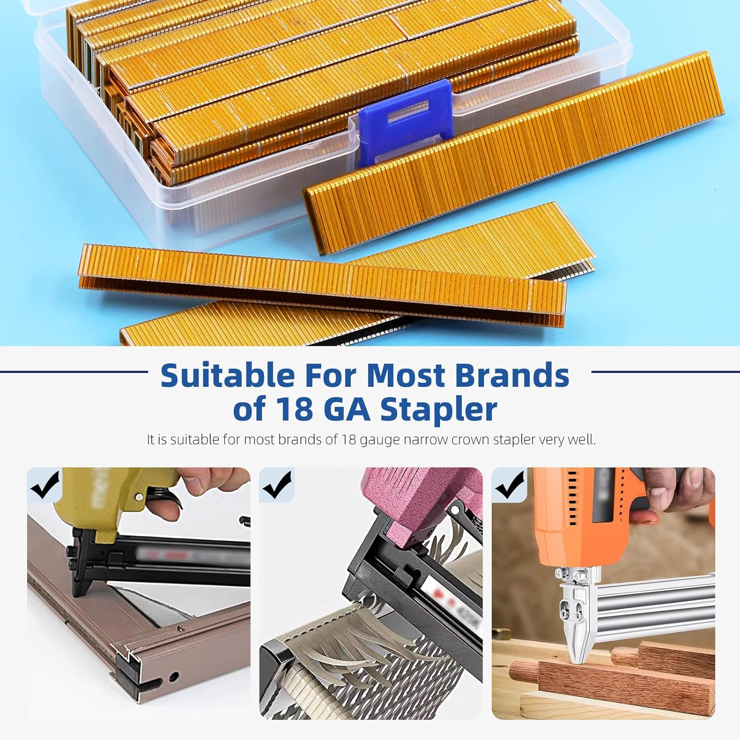 Glarks 2000Pcs 18 Gauge Narrow Crown Staples, 1/2 Inch Galvanized Crown Narrow Staples Assortment Kit for Electric Stapler, Pneumatic, DIY Home Improvement (Gold) image number 3