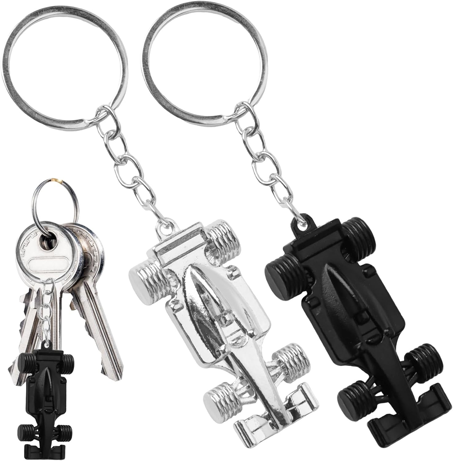2 Pcs Silver Black Racing Car Keyring Set F1 Key Chains Present for Men Dad Motorsport Fans Fathers Day Birthday Present Durable Metal Key Ring Accessories image number 3