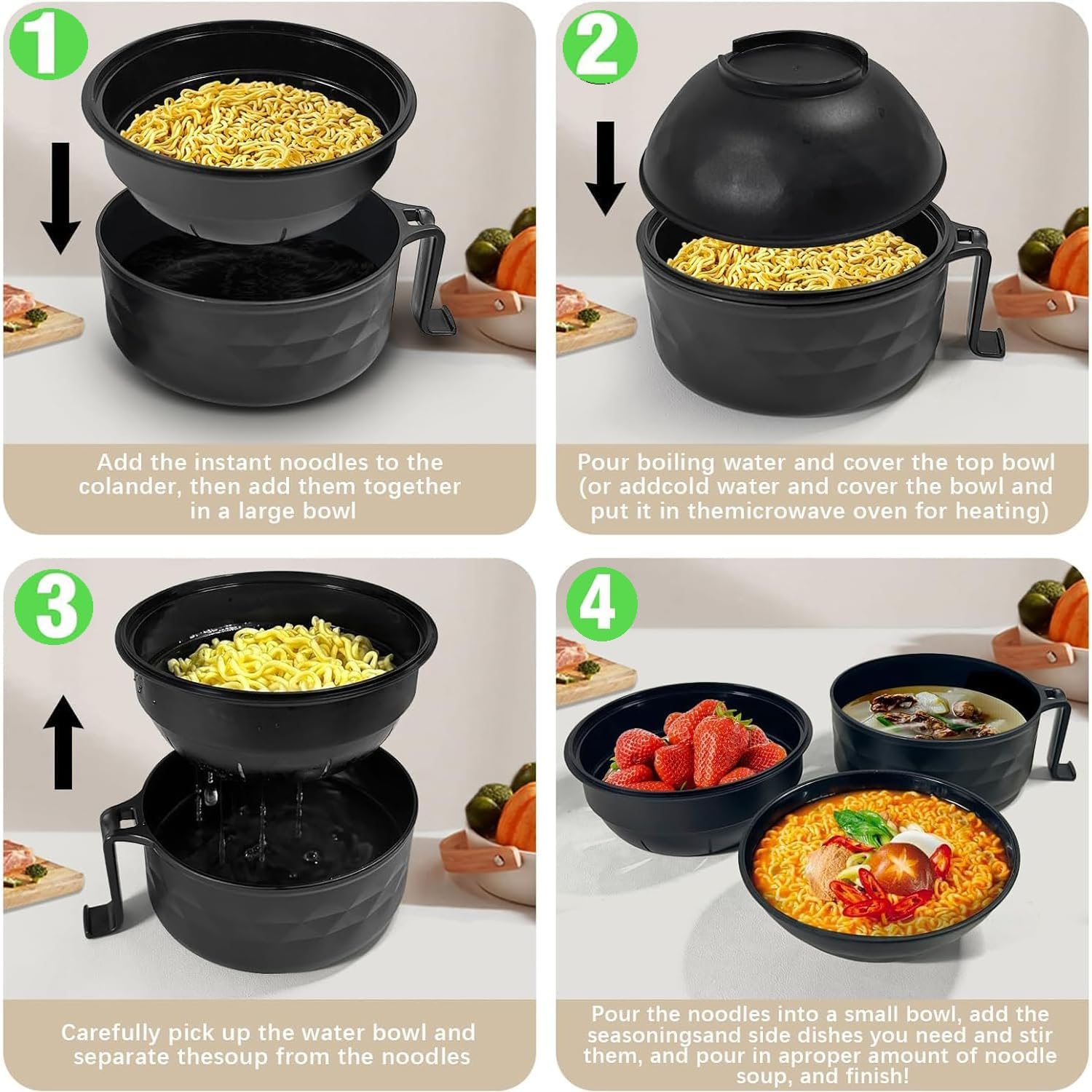 Yharnamite 6 Pcs Ramen Bowl Set, Ramen Noodle Bowls with Chopsticks, Spoon, Fork, Strainer and Lid, Microwave Ramen Cooker, Ramen Pot Set for Dorm Room, Apartment, Home, Office (Black) image number 3