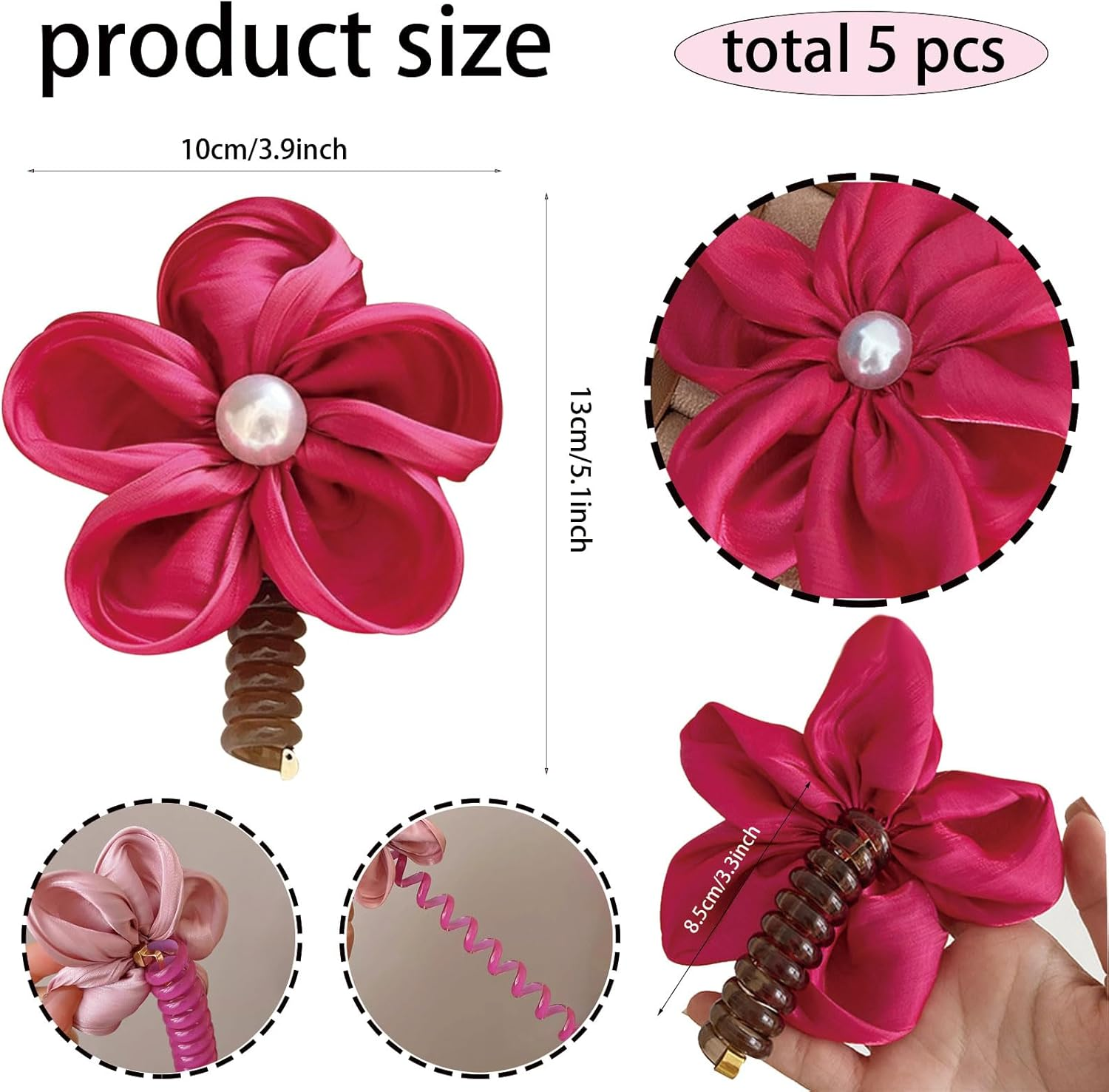 Colorful Phone Wire Hair Bands Flower Beads Spiral Hair Ties Ponytail Holder No Damage Phone Cord Hair Ties Bobbins for Women and Girls Thin Thick Accessories 5 Pack image number 5