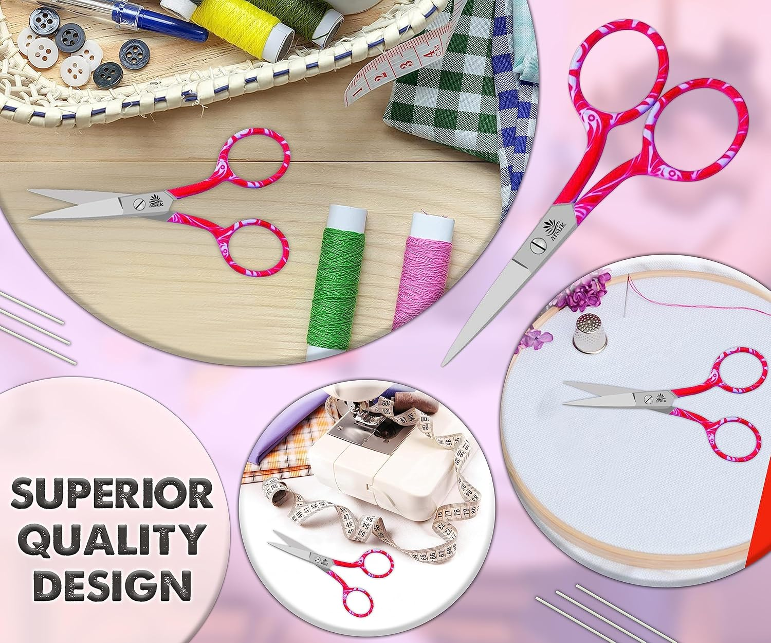 ARSUK Embroidery Scissors Sharp Fine Mini Bulk Vintage, Stork and Fancy Pack for Adults Multi Pack (Black, Orange, Pink, Gold) Metal Stainless Steel Small (Fancy Pink Zebra) - Fancy Pink Zebra image number 4