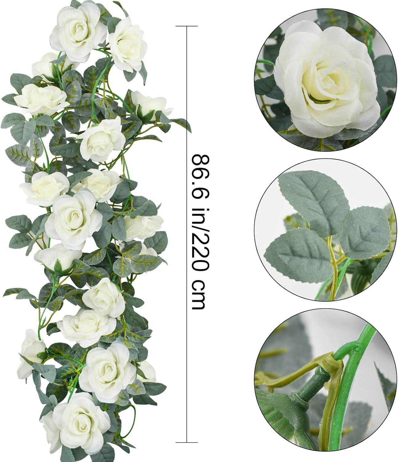 Bacucine Flower Garland Rose Vine 4Pcs 28FT Artificial Floral Garland with Green Leaves Hanging Rose Vine for Wedding Party Garden Home Wall Decor (White)