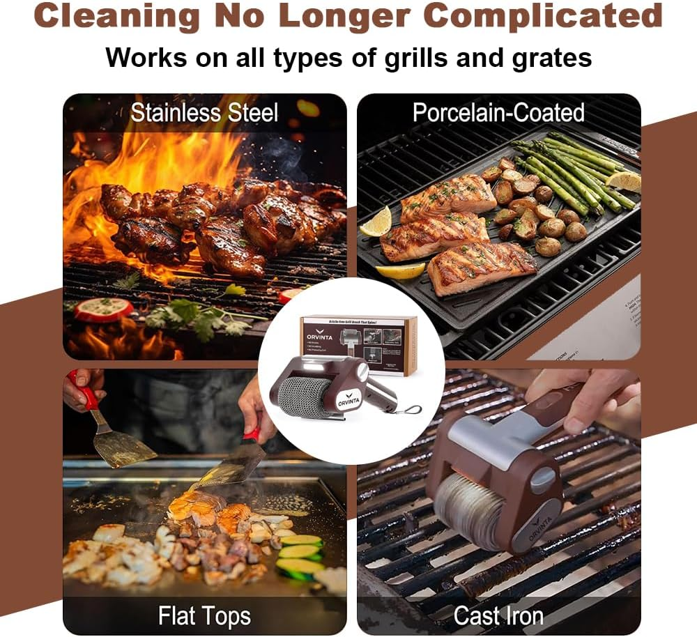 Cordless Grill Cleaner &ndash; Rechargeable BBQ Cleaning Brush with Stainless Steel Roller & LED Light, 350 RPM Power Scrubber for Barbecue & Outdoor Cooking