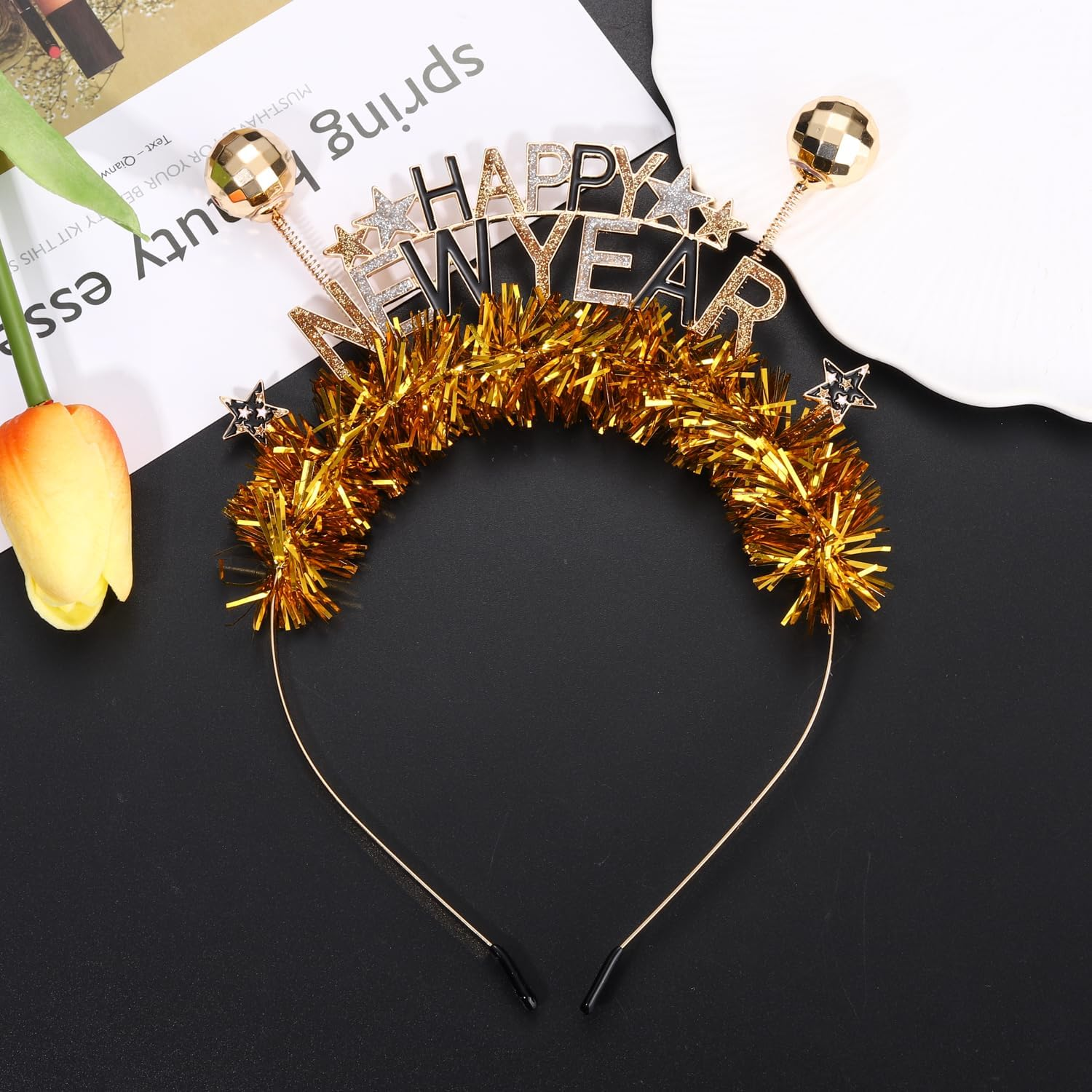 FAERLIIRY Happy New Year Headband 2024 New Years Headband for Women Girls Disco Ball Glitter Headpiece Holiday Headbands Hair Accessories New Year'S Eve Celebration Party Gifts (Happy New Year) - Purple Green Gold image number 6