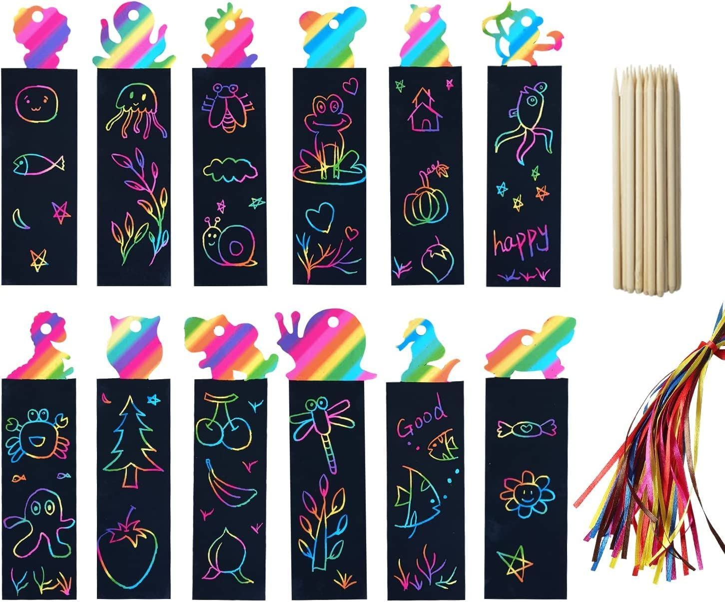 Animal Bookmarks Set for Children,48 Pieces Rainbow Bookmarks Scratch Art Bookmarks Kids Bookmark with 24 Wooden Stylus and 48 Colorful Ribbons for Kids Children Girls Party Tags image number 4