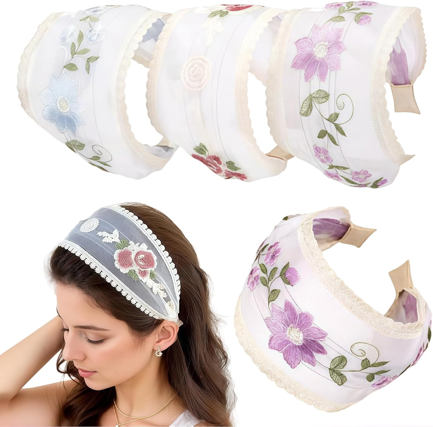 Pack of 3 Women'S Wide Hair Bands, 9 Cm, Floral Embroidery Mesh Hairband, Comfortable Non-Slip Hair Bands with Comb Teeth for Women and Girls, Hair Accessories (9 Cm Style B, One Size) image number 6