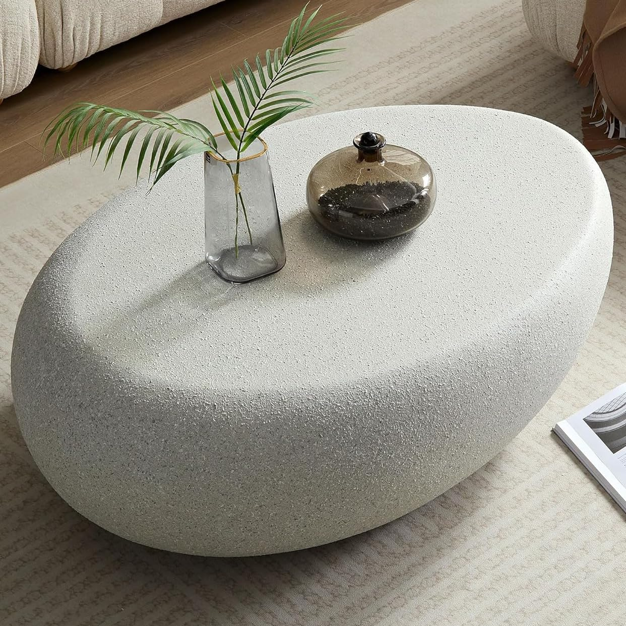 Oval Coffee Table &ndash; Beige Faux Stone Finish, Modern Fiberglass Drum Design, Minimalist Accent Table for Living Room, Bedroom, Apartment or Office, Outdoor, No Assembly Needed