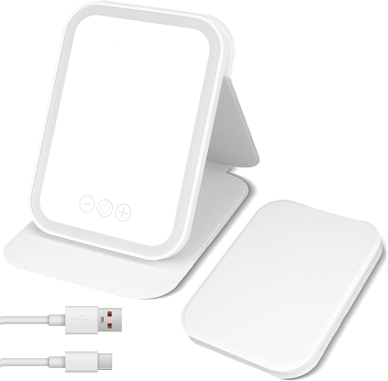 Rechargeable Travel Vanity Mirror with 40 Led Lights, Portable Lighted Beauty Makeup Mirror, 3 Color Lighting, Touch Dimming, Tabletop Folding LED Mirror with Leather Case, White