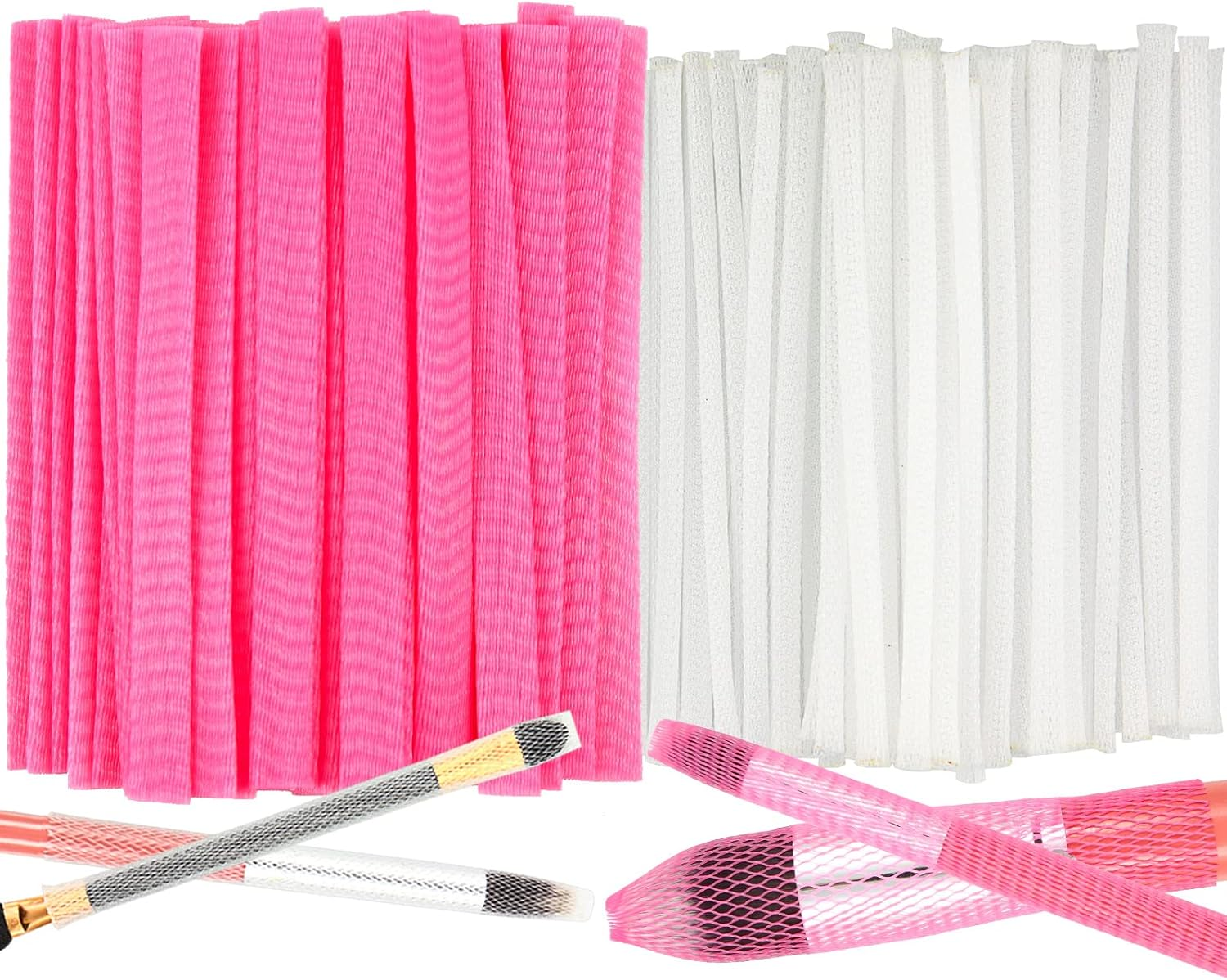 100Pcs Makeup Brush Protector Cosmetic Makeup Brush Pen Guard Expandable Mesh Sleeve Covers Set Storage Small Medium Large Sizes Brushes for Travel (Purple and White)