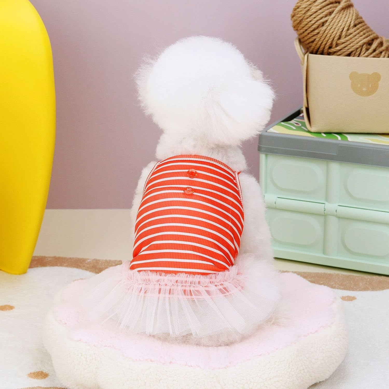 Knitted Dog Dress for Small Dog Striped Pet Pullover Strap Dress Stretchable Summer Clothes Breathable Puppy Tulle Skirt (Red, S) image number 3