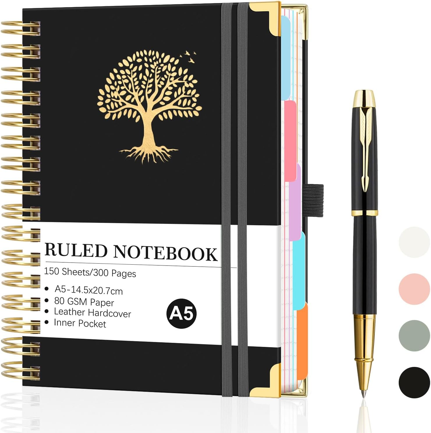 Spardar Hardcover Notebook, 300 Pages, with 5 Removable PVC Dividers and Metal Pen, Spiral Bound, Perfect for Work, Home, and School Notes (White)