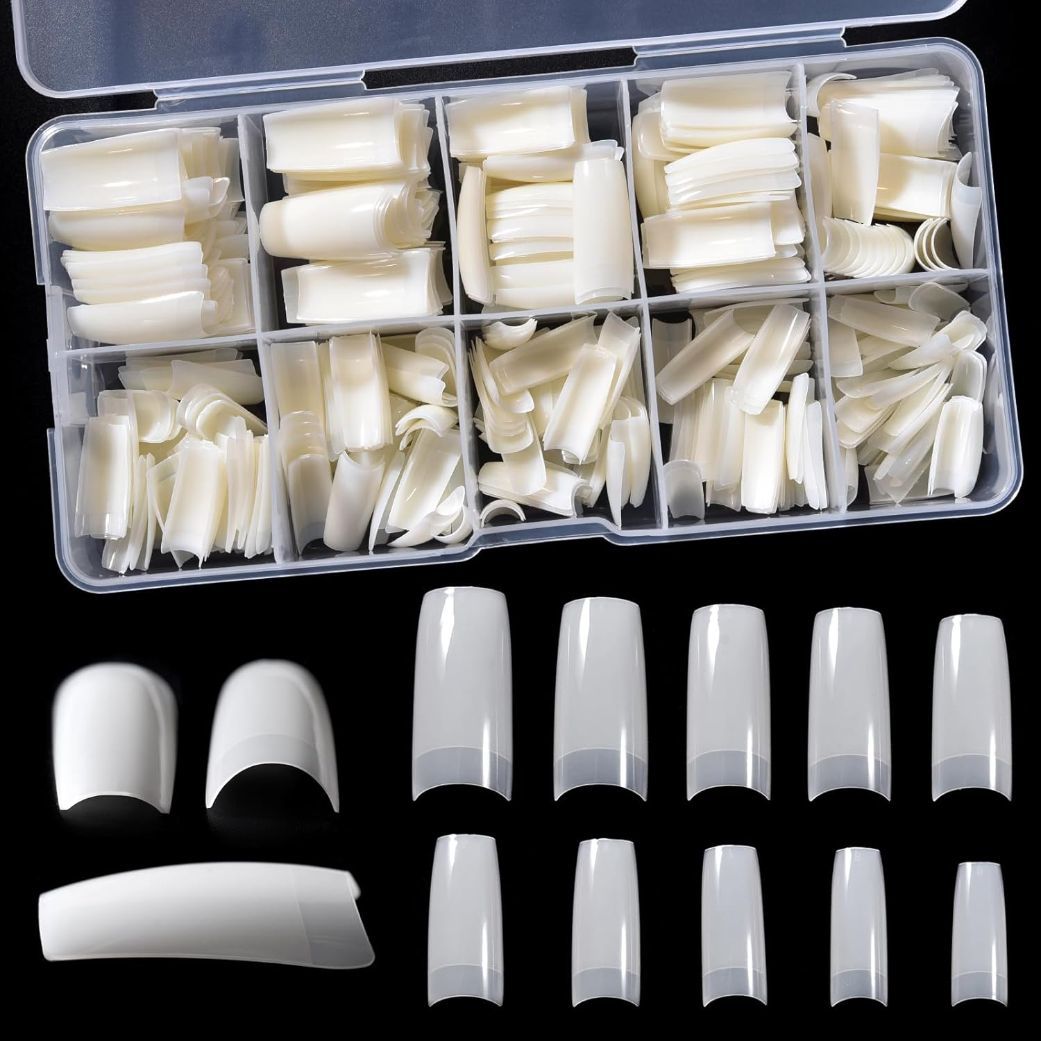 KADS 500Pcs Clear Half Cover Nail Tips Coffin Shaped Artificial Nail Tips 10 Sizes Pre Shaped False Gel Nail Acrylic Extension Nails for Nail Salons and Home DIY (Transparent)