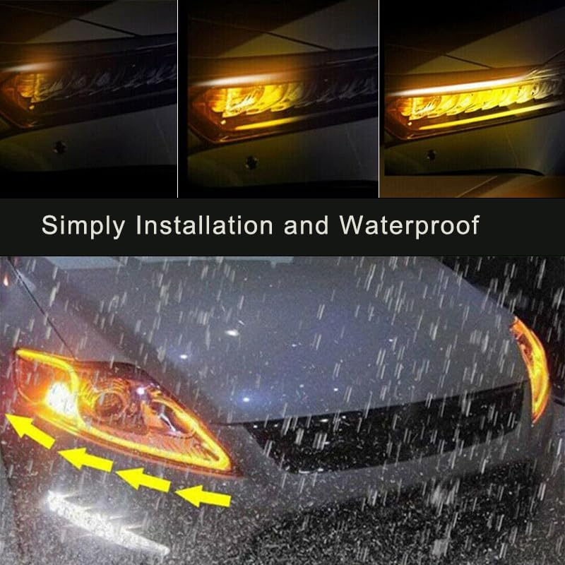 Leona Co 2PC Car LED Strip Lights, 60Cm Flexible LED Headlight Strips Dual Color White-Yellow Turn Signal Lights IP65 Waterproof Car Daytime Running Light Strip for Truck SUV image number 2