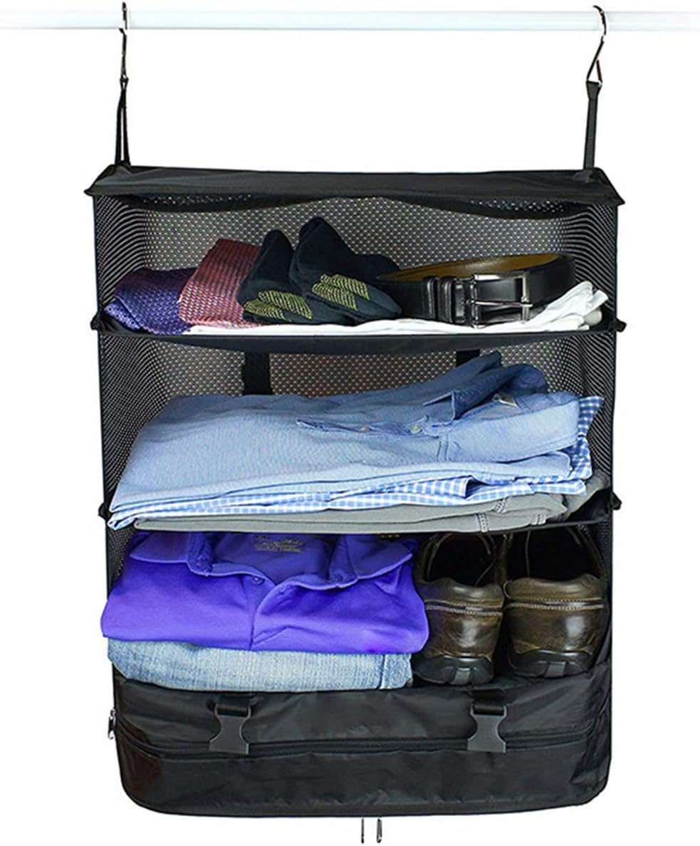 Travel Luggage Organizer Portable Travel Shelves Bag 3-Shelf Suitcase Cube Collapsible Hanging Closet Storage Bag Space Saver for Wardrobe Suitcase Carry On