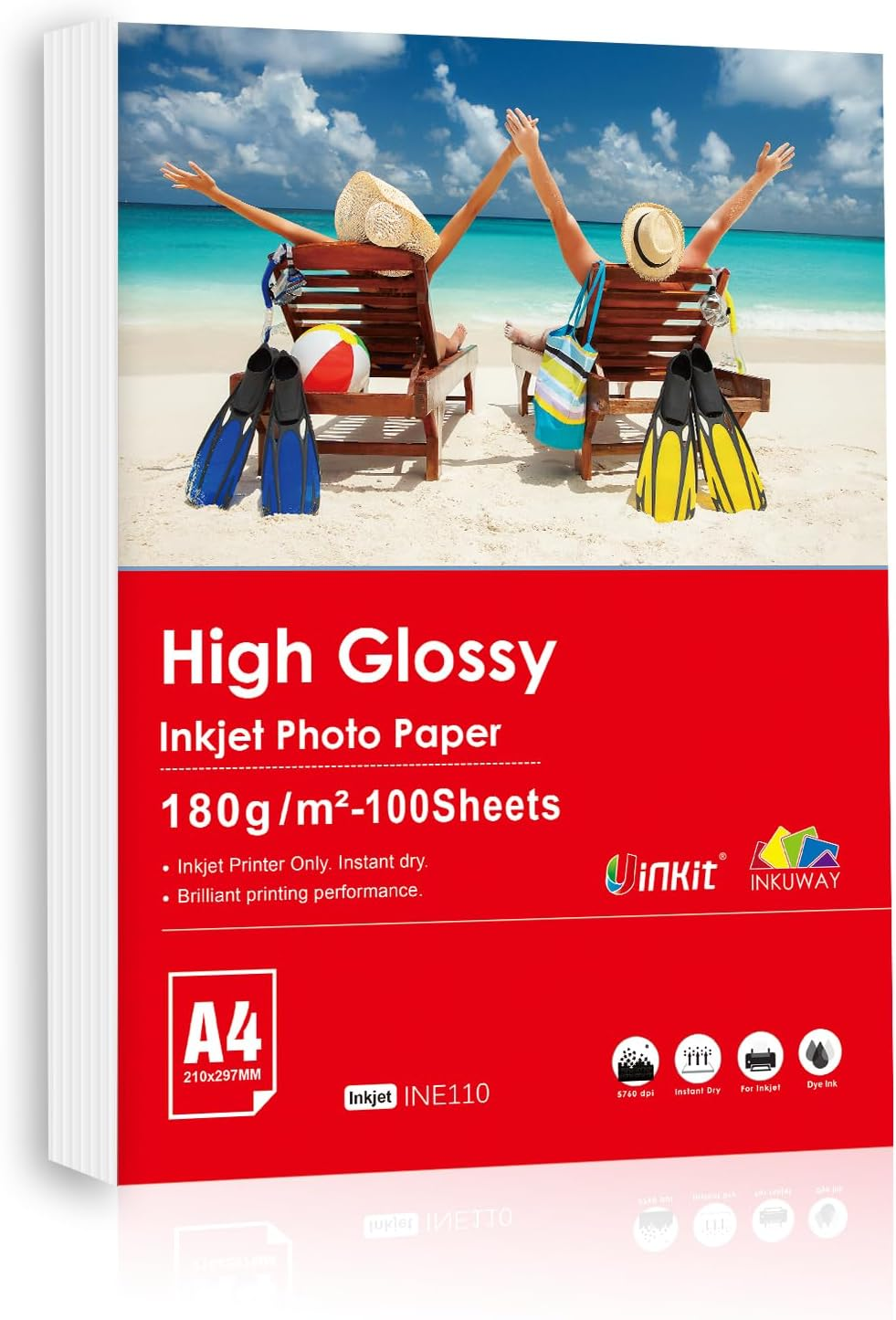 INKUWAY 180Gsm Glossy Photo Pape Inkjet A4 100Sheets 48Lb for Inkjet Printers Gloss Photos Printable image number 1