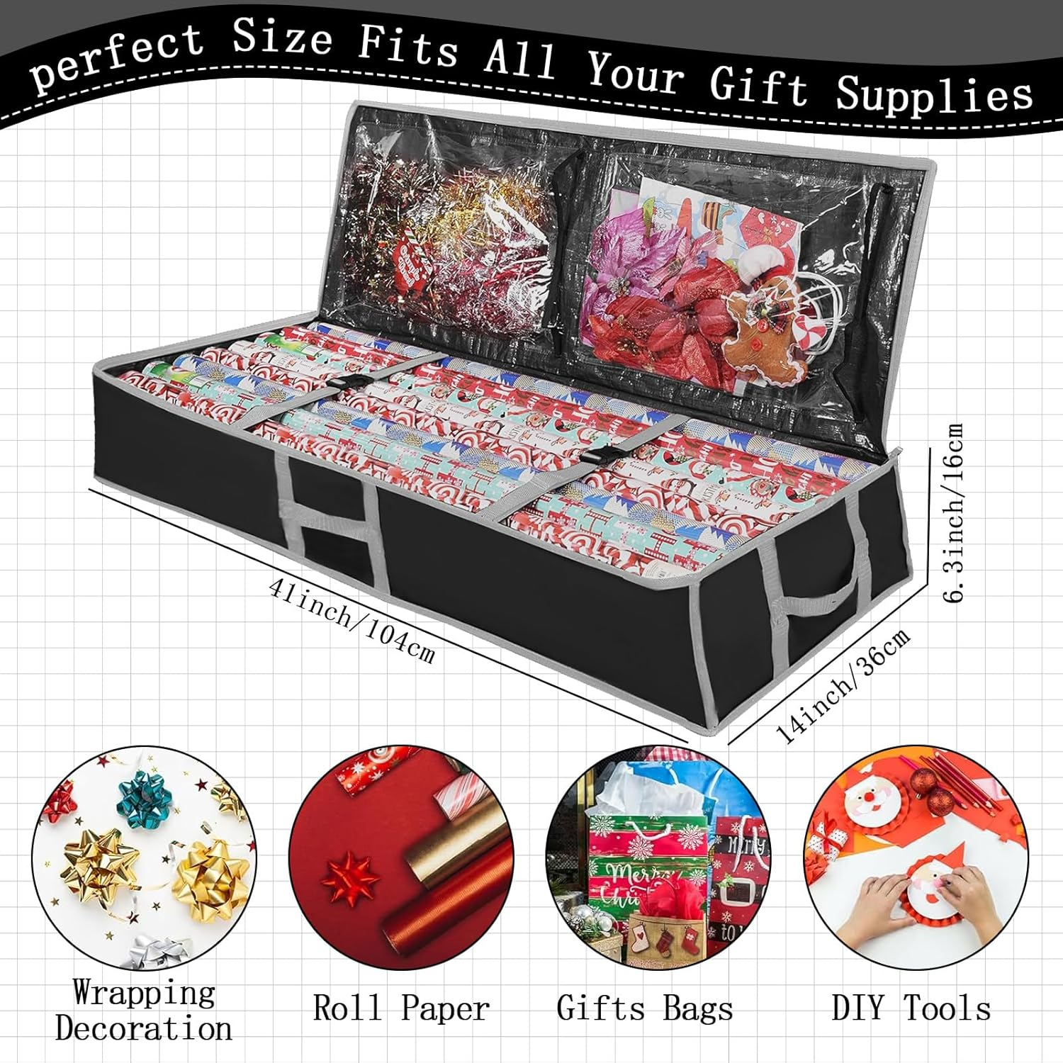 Wrapping Paper Storage Box, 104&times;36&times;16Cm Large Capacity Christmas Wrapping Paper Organizer Containers with Zipper Pockets, Foldable Gift Wrap Storage for Holiday Decorations (Black with Gray Trim) image number 1