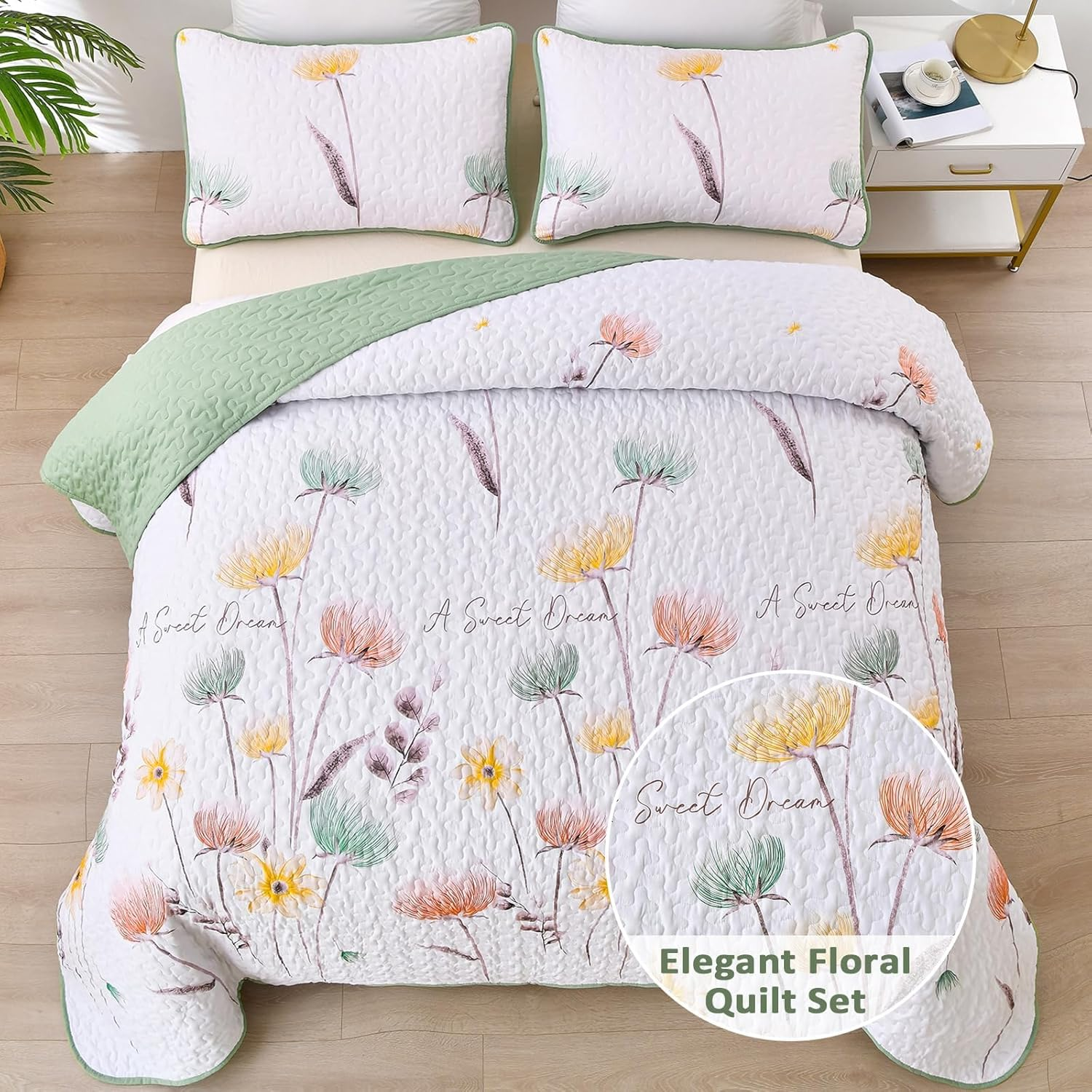 Floral Quilt Set Queen Size,Sage Green Bedspread Coverlet Botanical 3 Pieces Fall Quilts Microfiber Lightweight Bedspreads White Soft Reversible Bed Cover Sets for All Season(Queen, 90"X96") image number 3