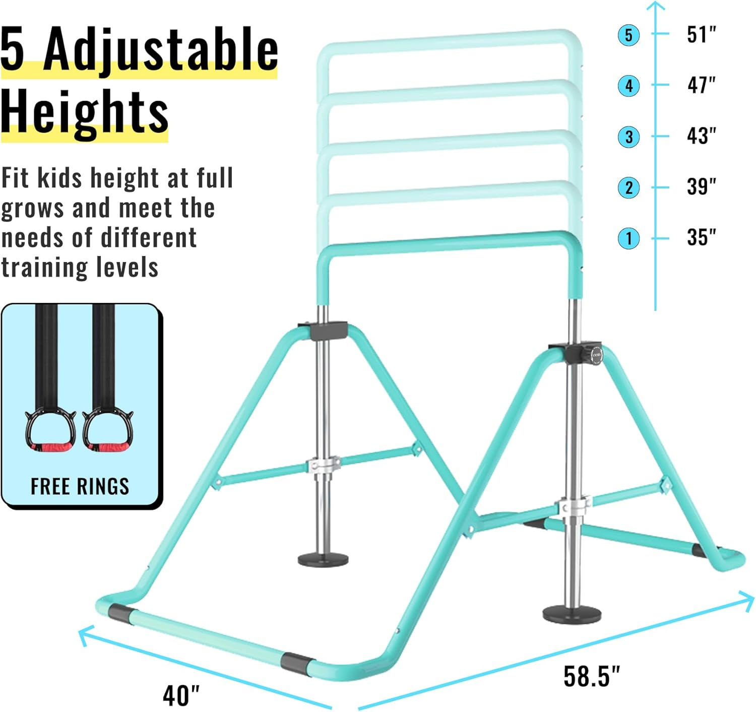 WATBKHE Gymnastic Bars for Kids, Horizontal Bars with Adjustable Height, Folding Gymnastic Training Kip Bar with Rings, Expandable Bars for Boys and Girls, Gymnastic Training Equipment for Home