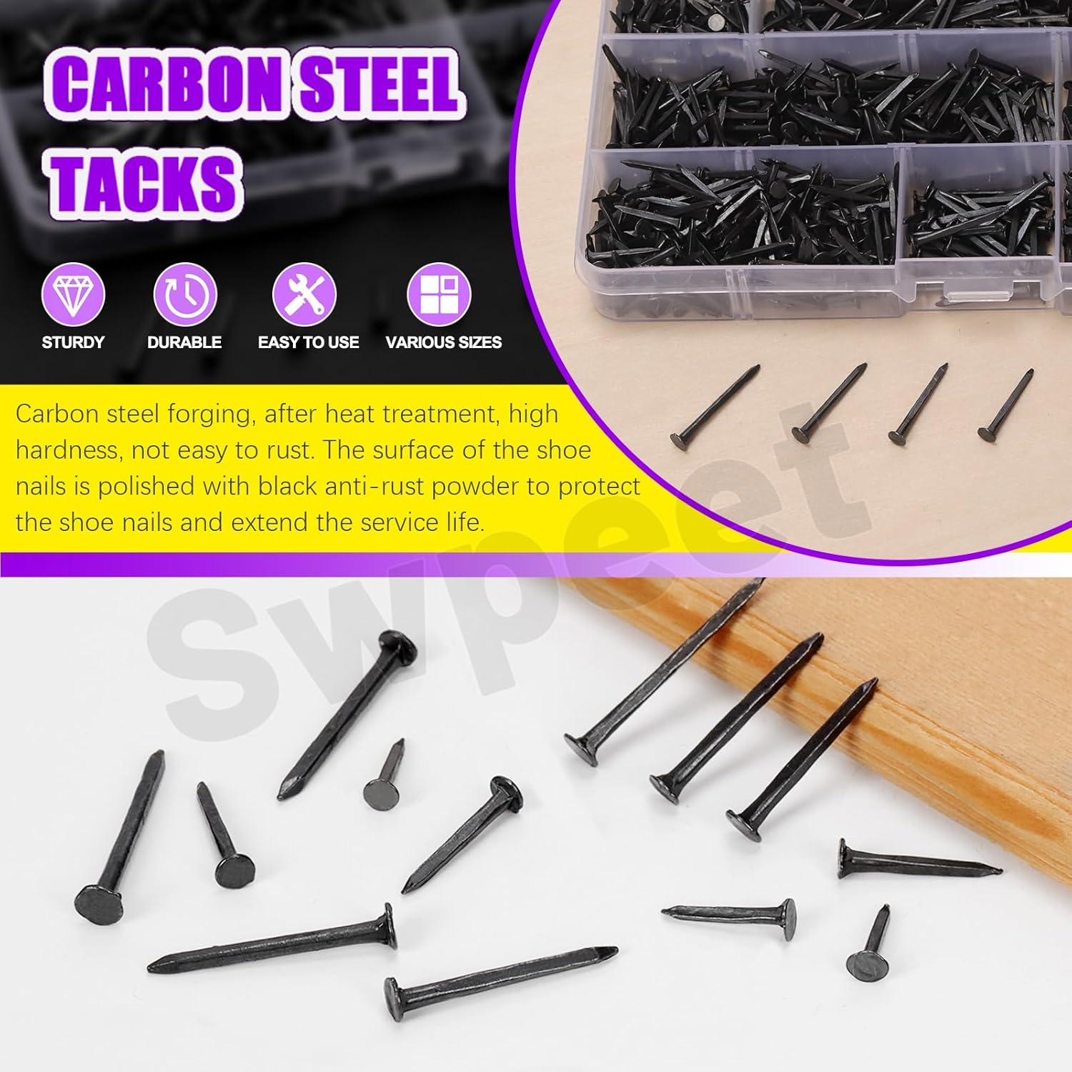 Swpeet 1200Pcs 6 Sizes 10Mm/13Mm/16Mm/19Mm/22Mm/25Mm Metal Nails Tacks Assortment Kit, Non-Slip Shoe Tacks Metal Hardware Nails Studs for Shoes Boots Leather Heels Soles Repairs Replacement image number 6