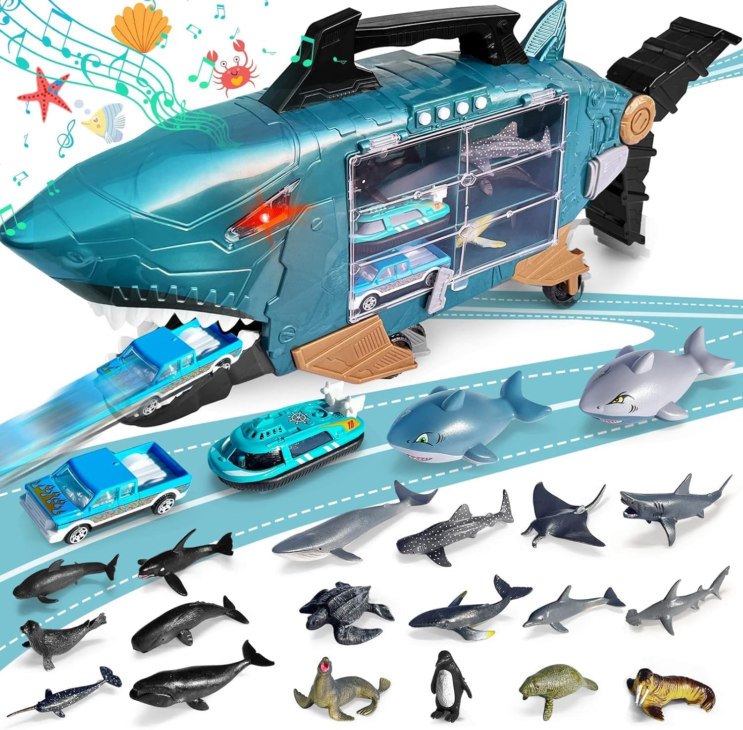 Shark Toys with Led, Music Ocean Animals Toys, Shark Truck Toys with 2Pcs Toy Trucks, 2Pcs Shark Cars,18Pcs Sea Animal Toys for 3+ Year Old Kids image number 4