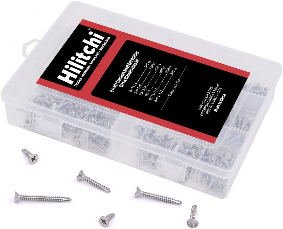 Hilitchi 410 Stainless Steel Flat Head Phillips Self Drilling Screws Sheet Metal Tek Screws Assortment Kit, Modified Truss Head Self Driller - Size: #8 X 1/2" ~ #8 X 1-1/2" (Pack of 240)