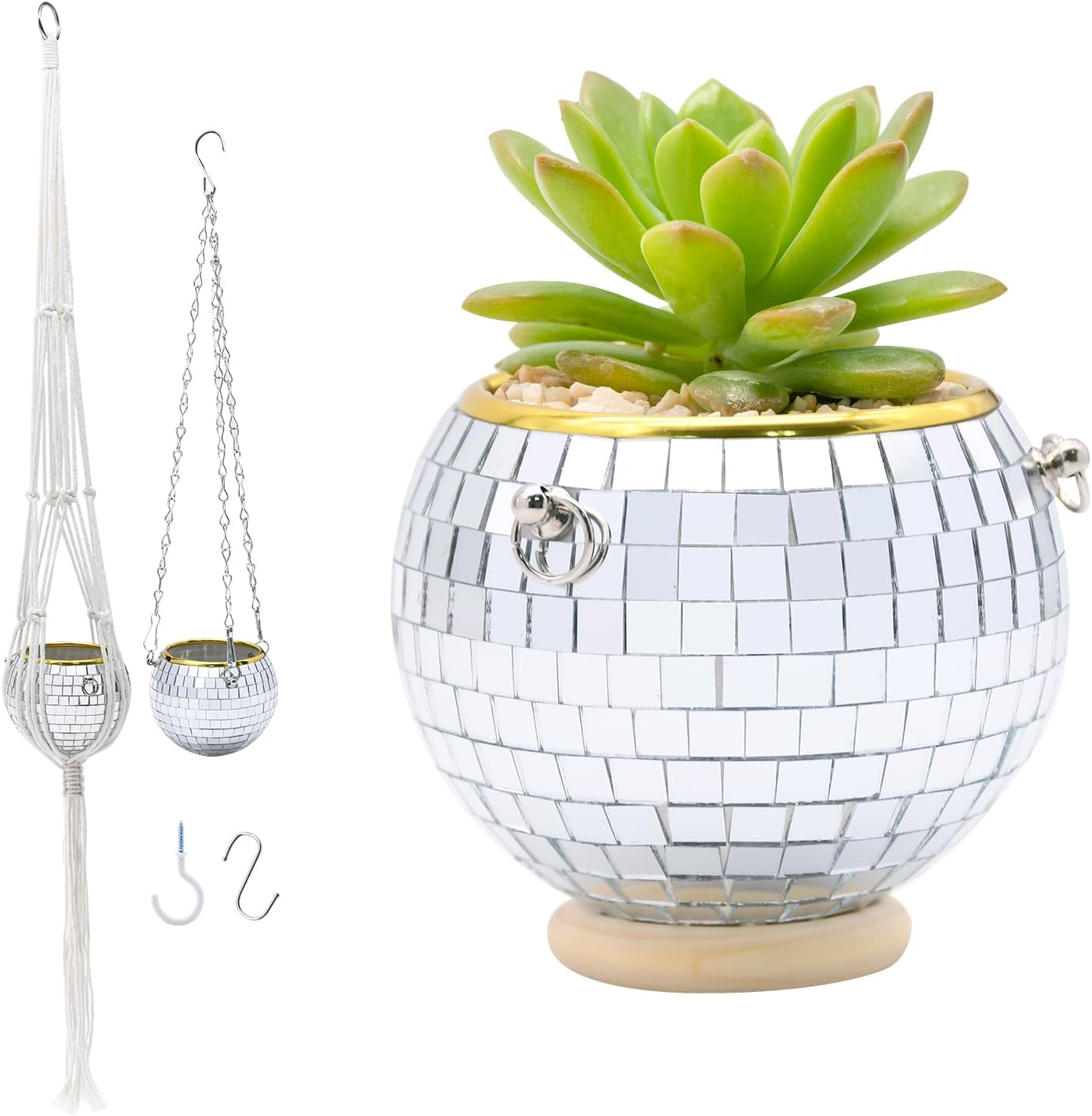FGBNM Disco Ball Planter, 4" Silver Disco Ball Planter, Disco Ball Plant Hanger with Hanging Rope, Hanging Chain, Hook, Circle and Extra Mirror Pieces (4" Silver, 1Pcs) image number 1