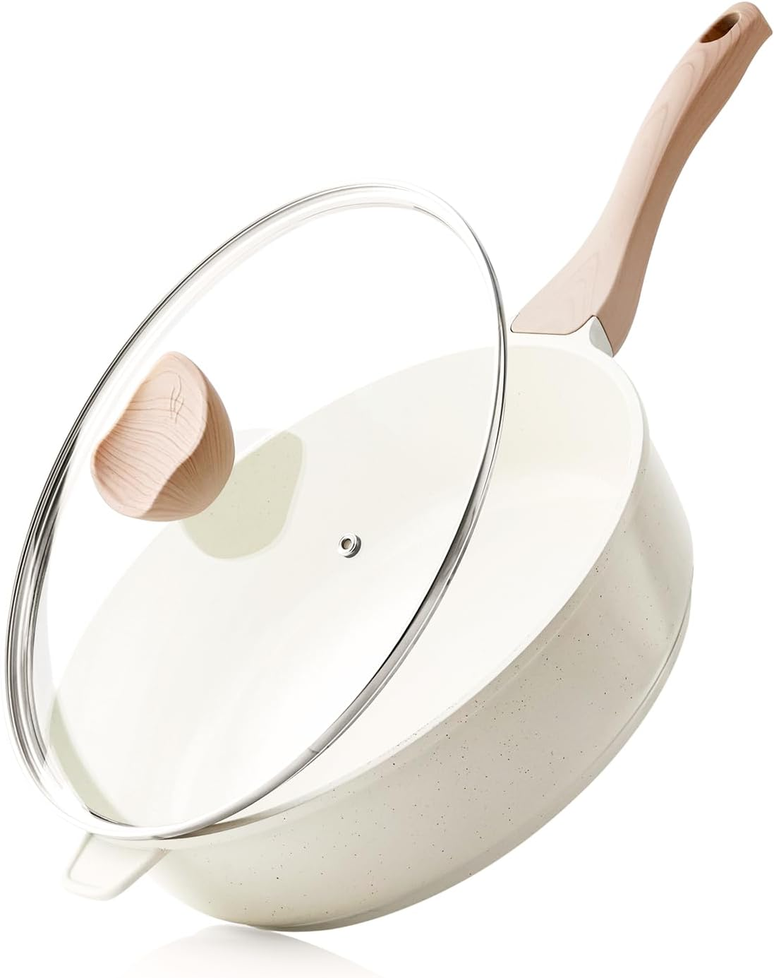 Kordisen Nonstick Ceramic Deep Frying Pan, 11 Inch Non Toxic Skillet with Lid, Healthy Jumbo Cooker, Saute Pan for Cooking, Induction Cookware, PFOA & PFAS Free (Cream)