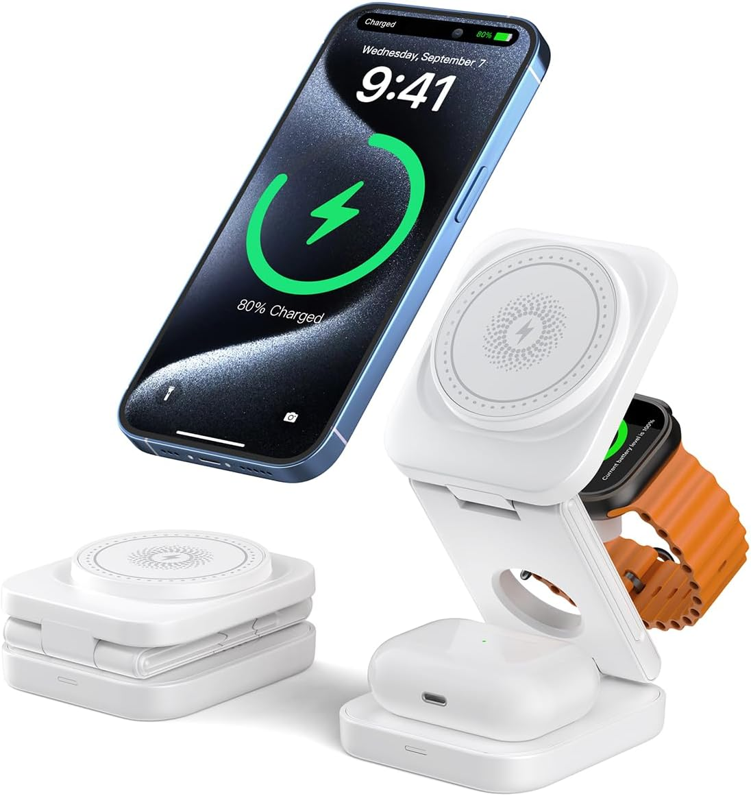 3 in 1 Wireless Charger,Magnetic Foldable Fast Wireless Charger Station Compatible with Iphone 15/14/13/12/Pro/Plus/Pro Max,5W for Apple Watch 9/8/7/6/5/4/3/2/Se/Ultra 2, Airpods 3/2/Pro (White) image number 1