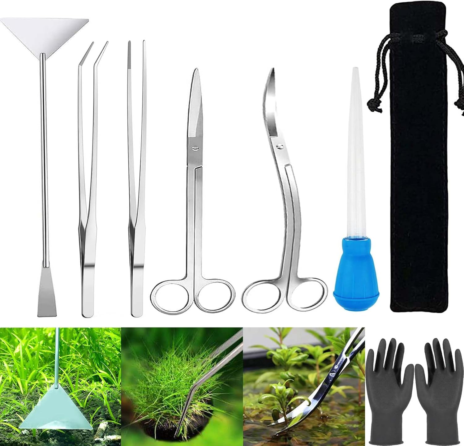 8 Pcs Aquascape Tools,Fish Tank Cleaning Kit,Aquarium Cleaning Tools Include Aquarium Long Tweezers,Fish Tank Siphon,Gloves and Storage Pouch for Aquariums Tank and Terrarium image number 4