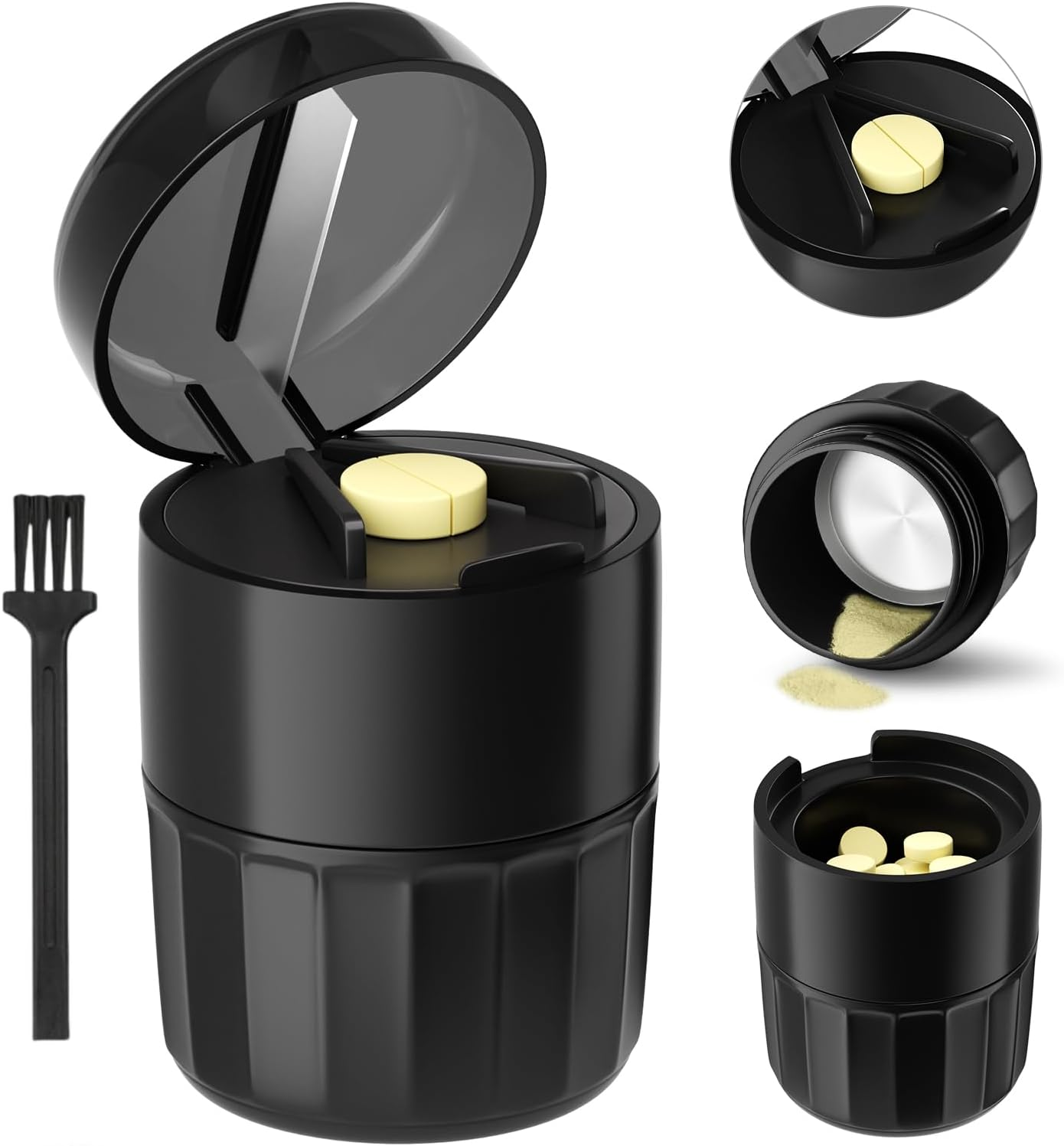 3-In-1 Pill Crusher Pills Cutter with Storage Box，Pill Grinder with Stainless Steel Grinding Pestle, Fine Powder, Pills Crushers for Elderly and Pets (Purple/White)