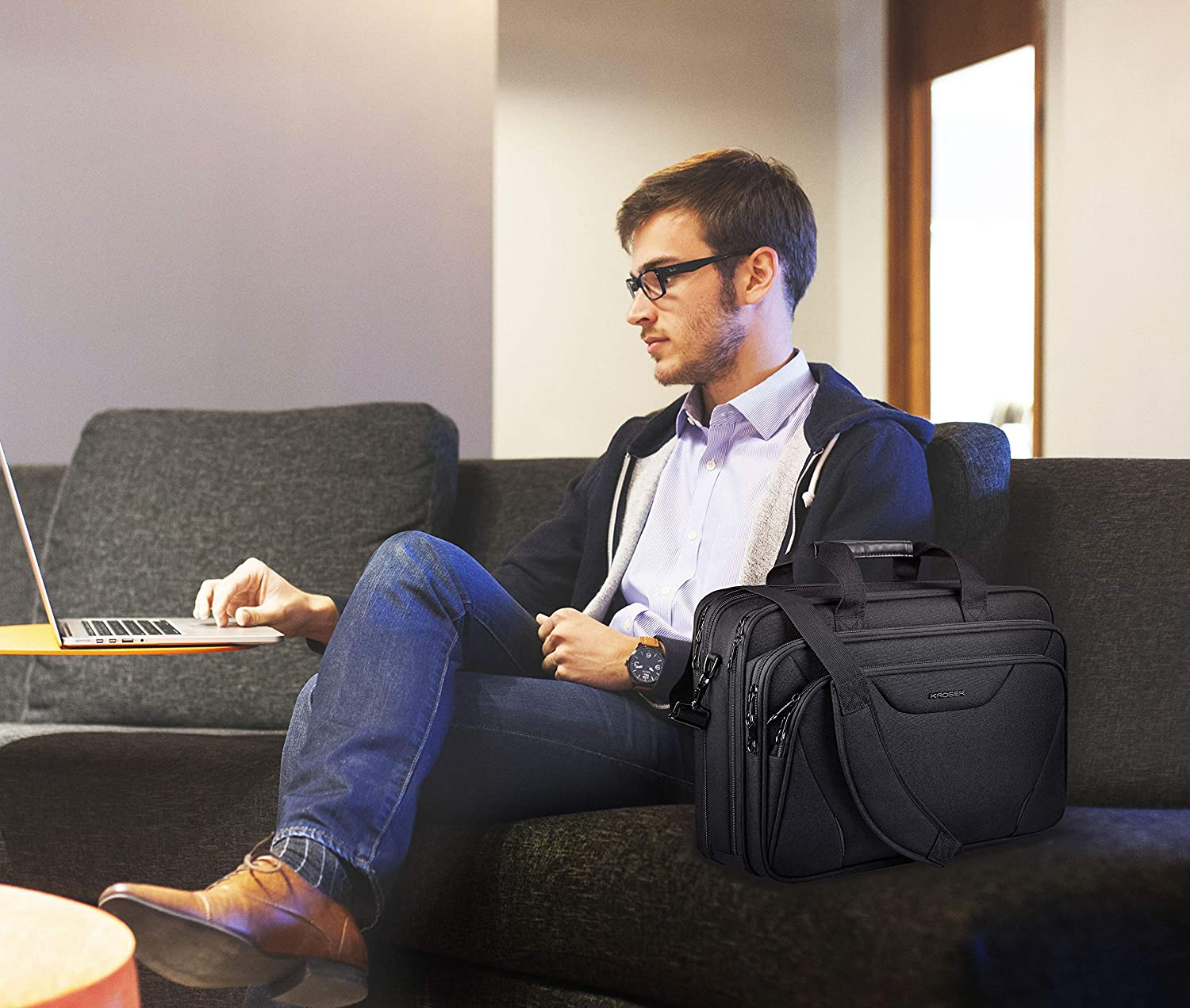 KROSER 18" Laptop Bag Premium Laptop Briefcase Fits up to 17.3 Inch Laptop Expandable Water-Repellent Shoulder Messenger Bag Computer Bag for Travel/Business/School/Men/Women-Black image number 1