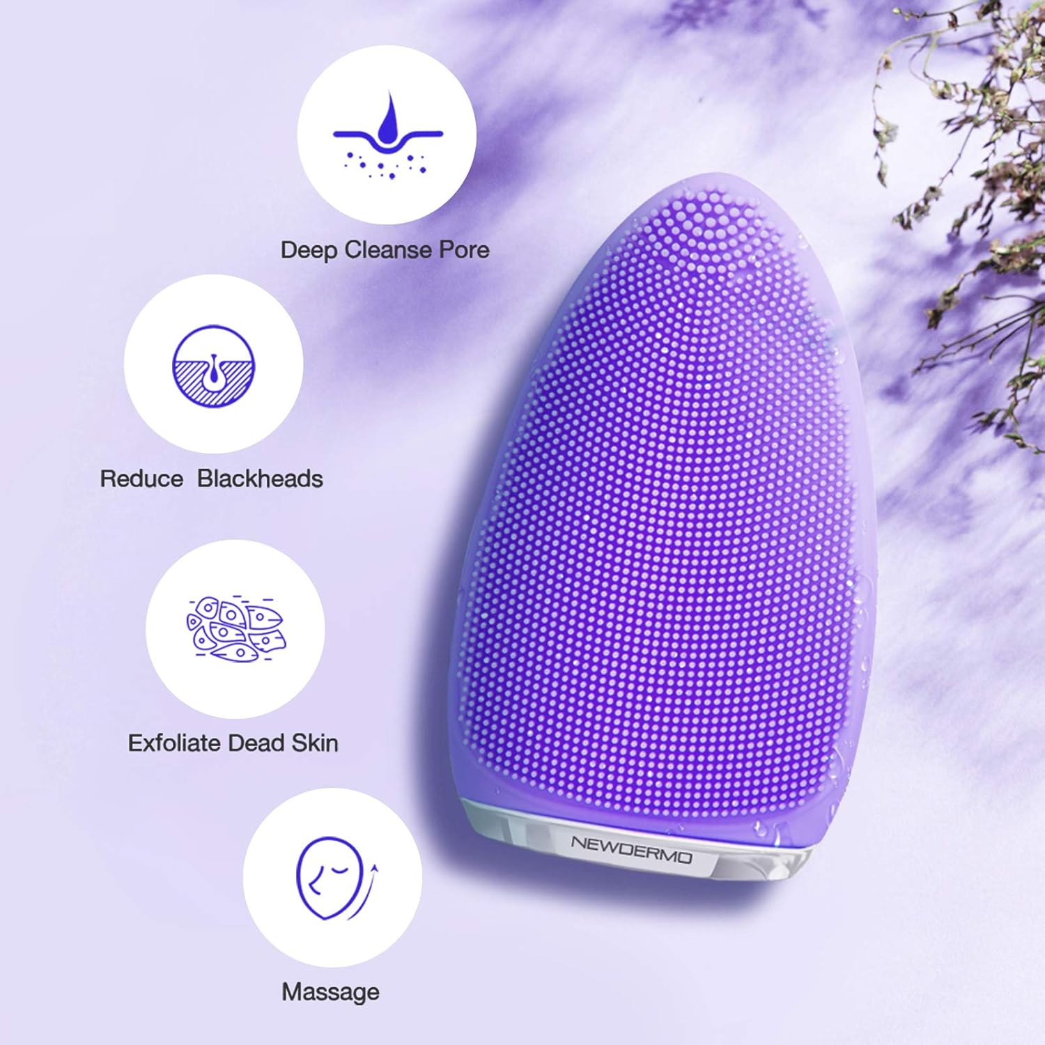 NEWDERMO Electric Facial Cleansing Brush,Silicone Facial Brush, Waterproof Skin Care Device for Gentle Exfoliation,Deep Cleansing,Face Massage-Purple image number 3