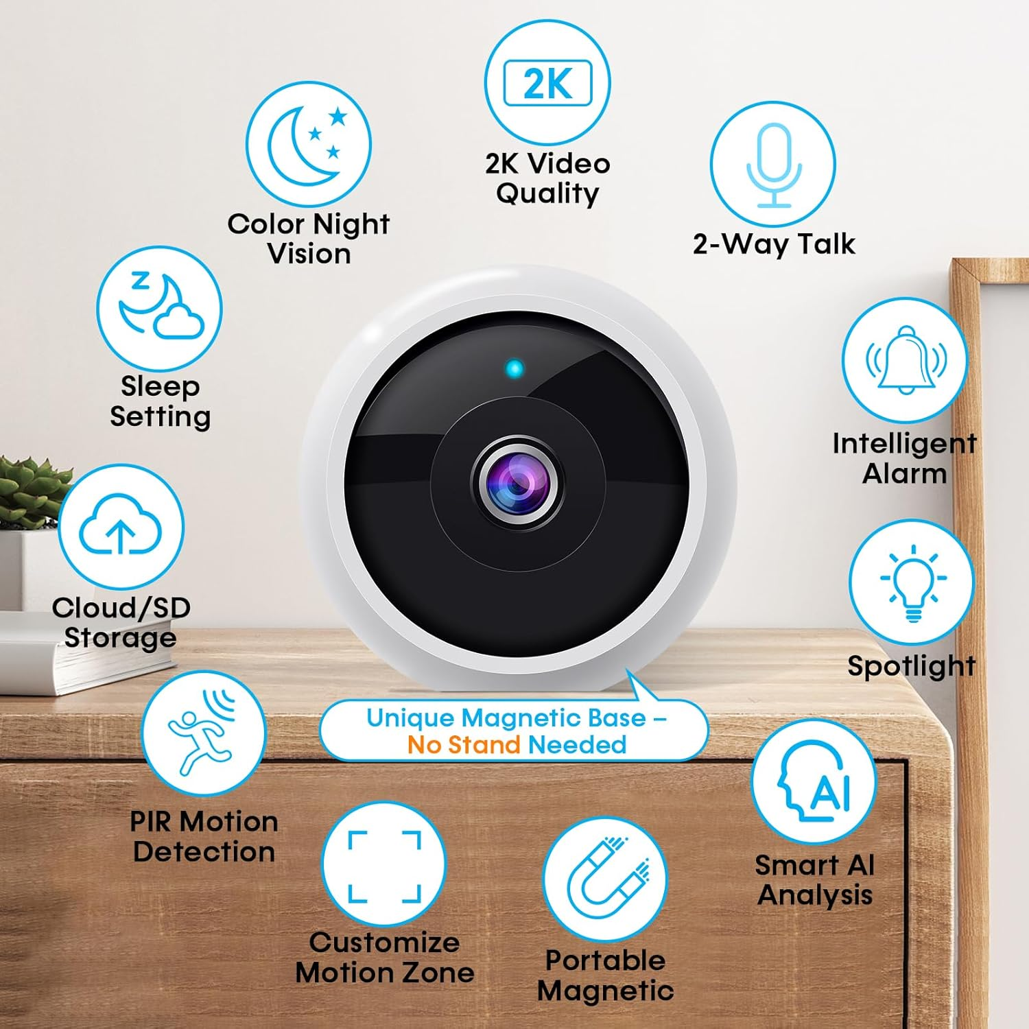 Security Camera Outdoor & Indoor Surveillance Cameras for Wireless Home Security System, Magnetic: Portable 2K Motion Detection Wifi Cordless Battery Powered 2-Way Talk, Colour Night Vision Waterproof image number 6