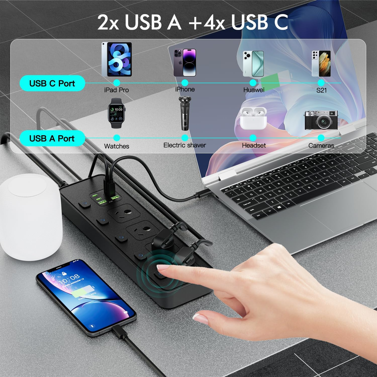 Power Board 3250W with Individual Switch,10-In-1 Power Strip with 4 AC Outlets, 6USB Ports(4 USB C) Surge Protector Powerboard, 2.9M Extension Cord Power Strip,Wall Mount for Home Office (Black) - Black image number 5