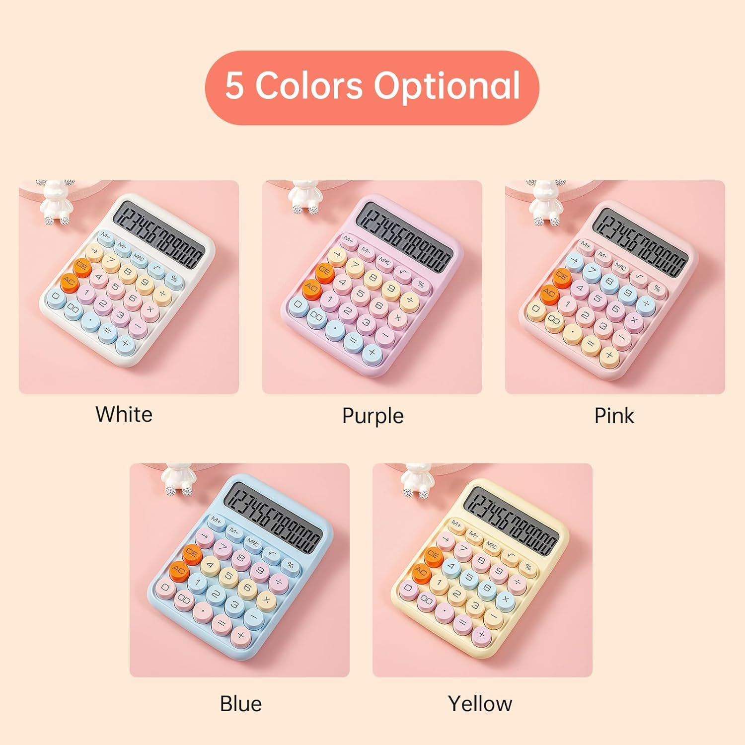 Mechanical Calculator 12 Digit Large LCD Display Big round Button Cute Candy Colored Calculator Suitable for Office School Home for Students Accountant-Yellow - Purple image number 5