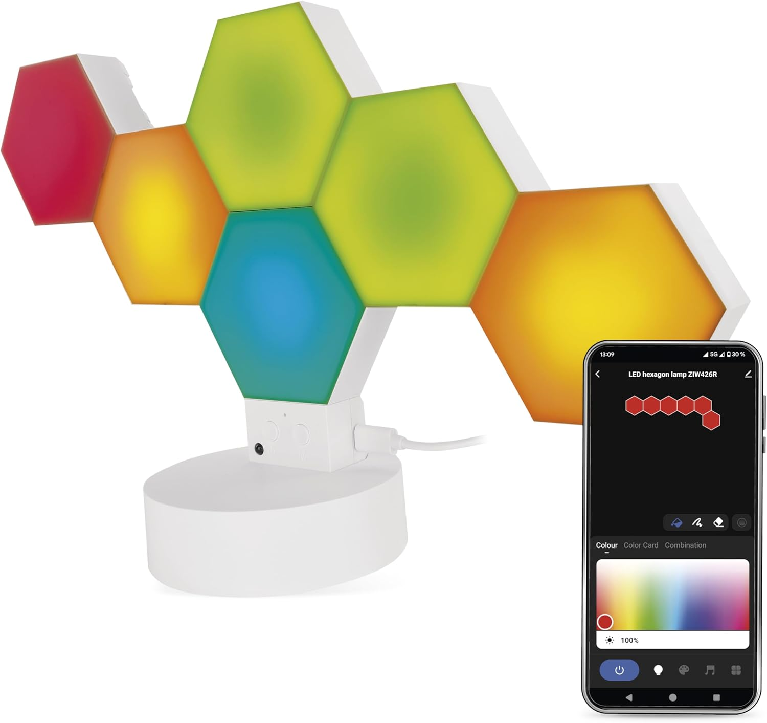 EMOS - Smart Hexagon Table and Wall Lamp, 6 Pieces Hexagon Elements 2-In-1 - Wifi Modular Lighting with RGBIC Colour Spectrum, Dimmable - Handyapp, Voice Assistants - 1M USB Charging Cable - White image number 2