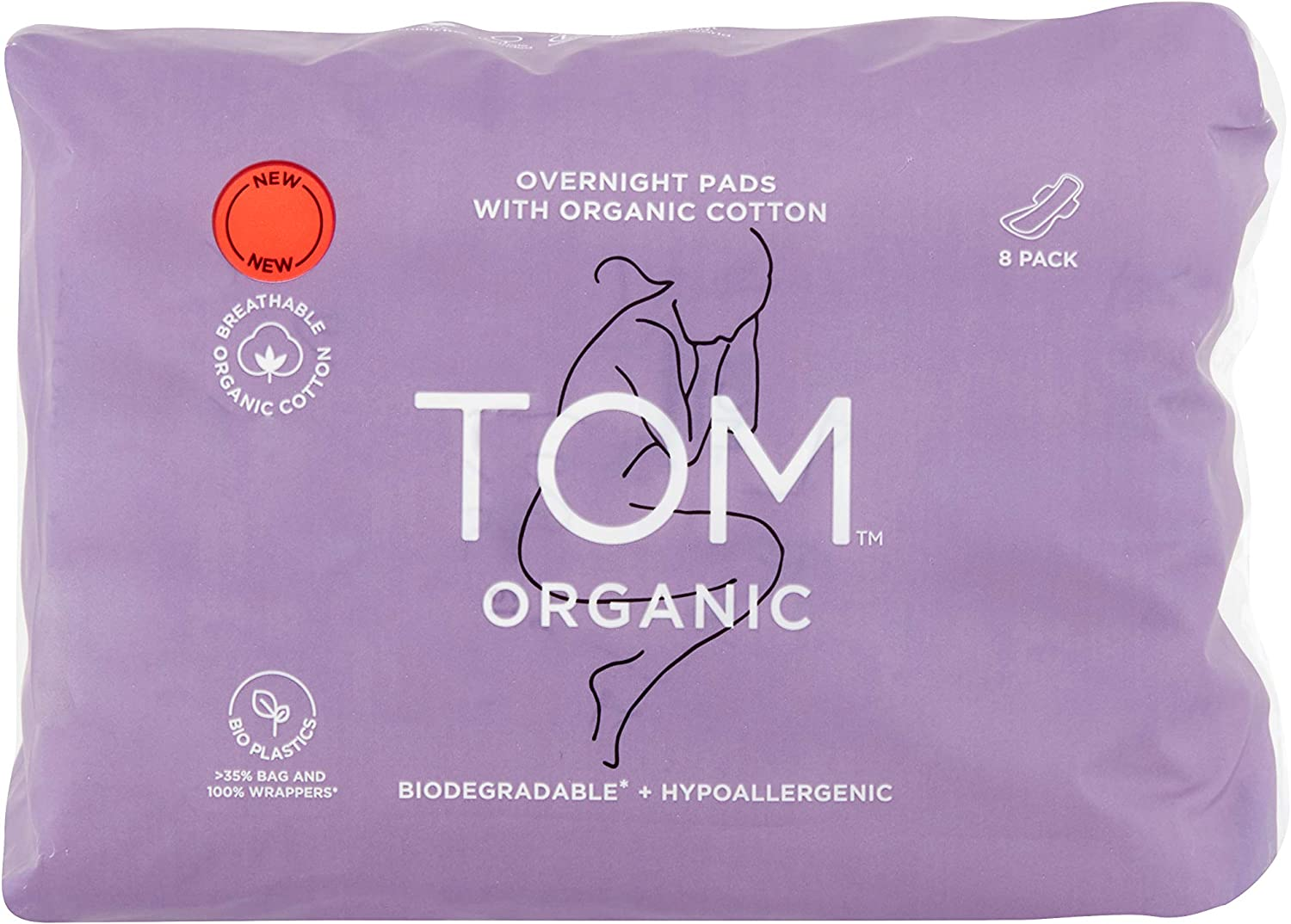 TOM Organic Overnight Pads, 8 Count image number 1