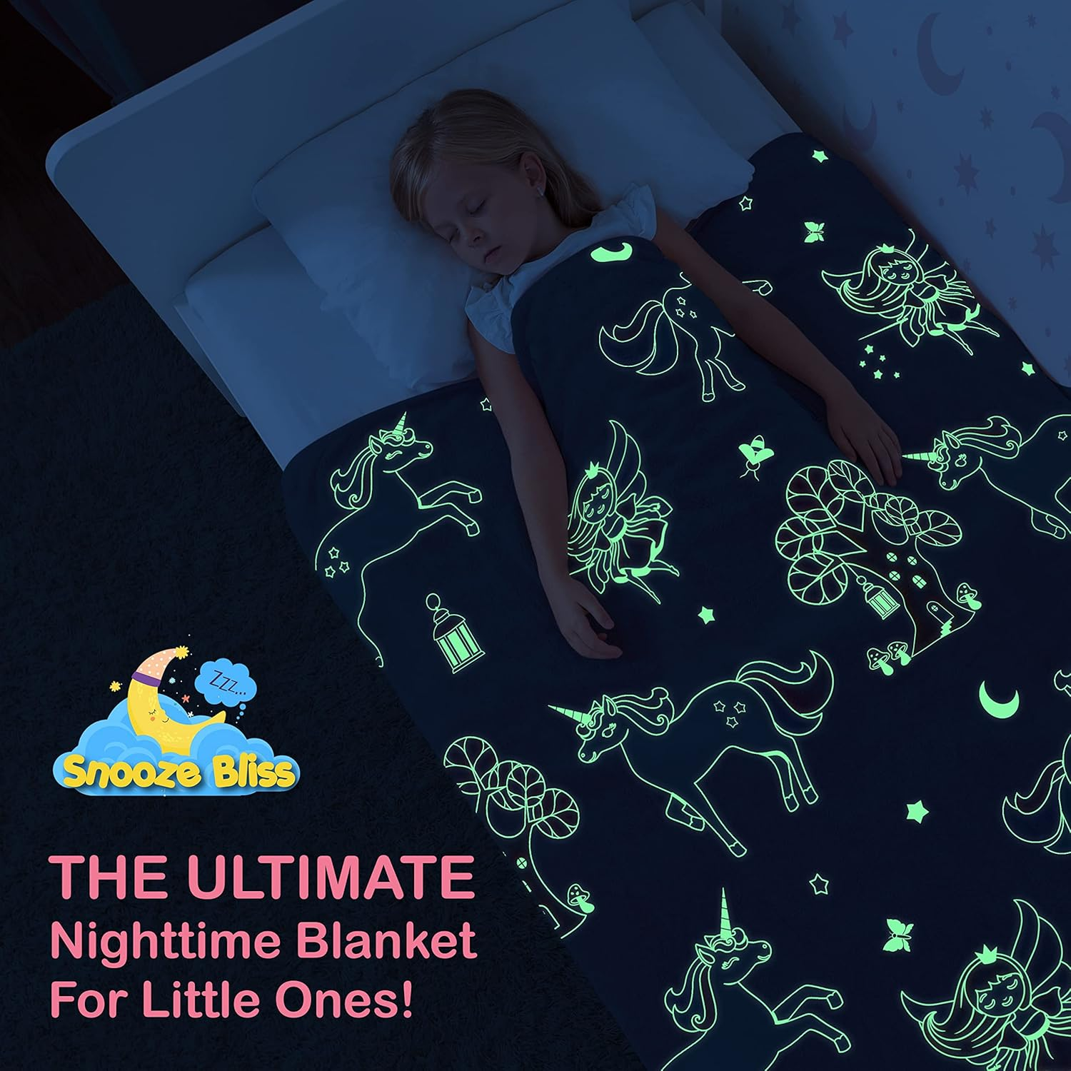Glow in the Dark Unicorn Blanket for Girls &ndash; Soft Pink Fleece Throw. Great Christmas, Birthday, Baby, Toddler Unicorn Gifts for Girls, Fairy, Butterfly, Stars. Bright Long-Last Glow - Dinosaur image number 3