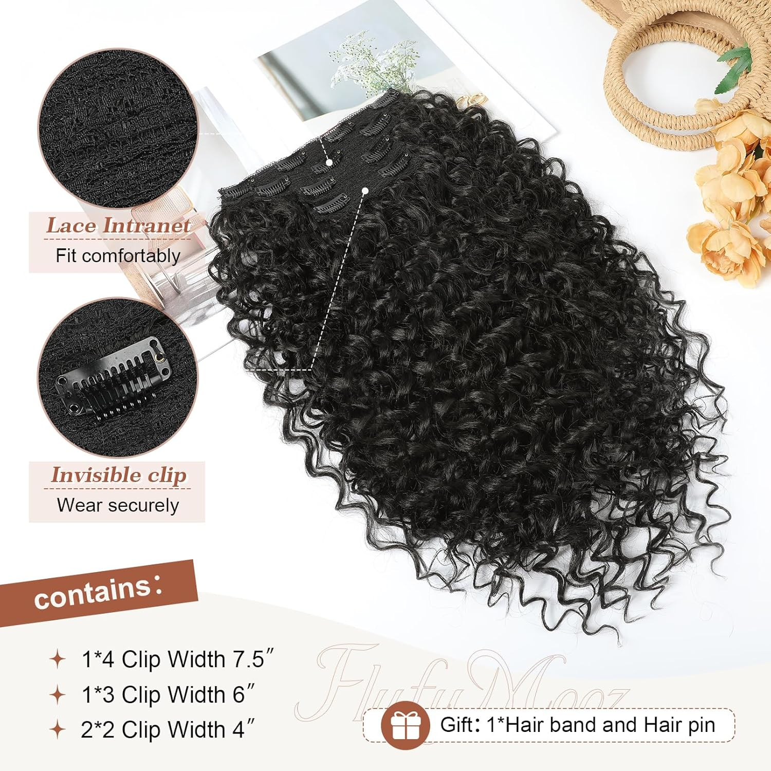 Clip in Hair Extensions, FLUFYMOOZ 4PC 100％ Pure Protein Silk Hair Extensions Long Soft Natural Hairpiece 20 Inch Curly Hair Extension for Women (Black Brown) image number 4