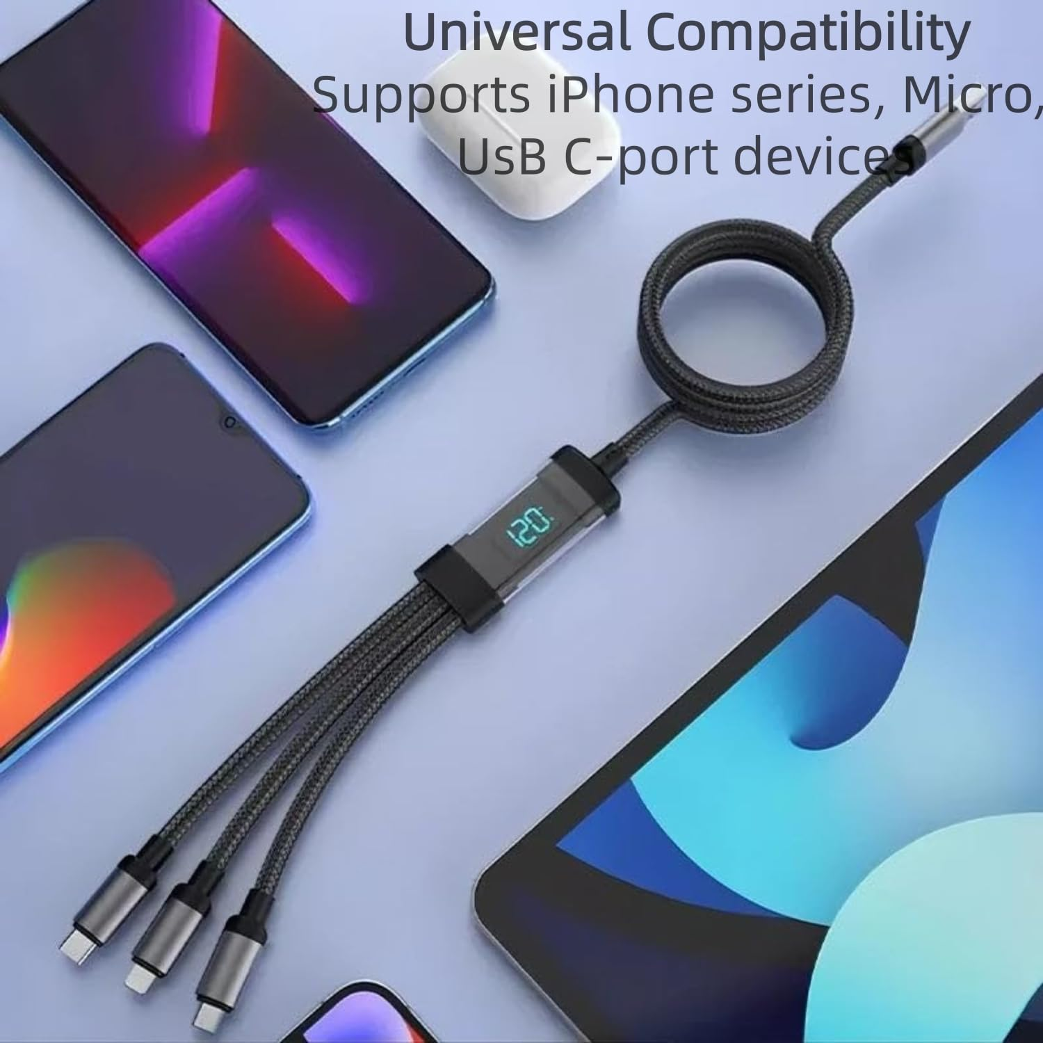 USB C Fast Charging Cable 120W 3 in 1, 2M/6.6Ft Nylon Braided Cord with LED Display, Universal Charger for Iphone 16/15/14/13, Samsung, Android, Pad, Type-C & Micro-Usb Devices