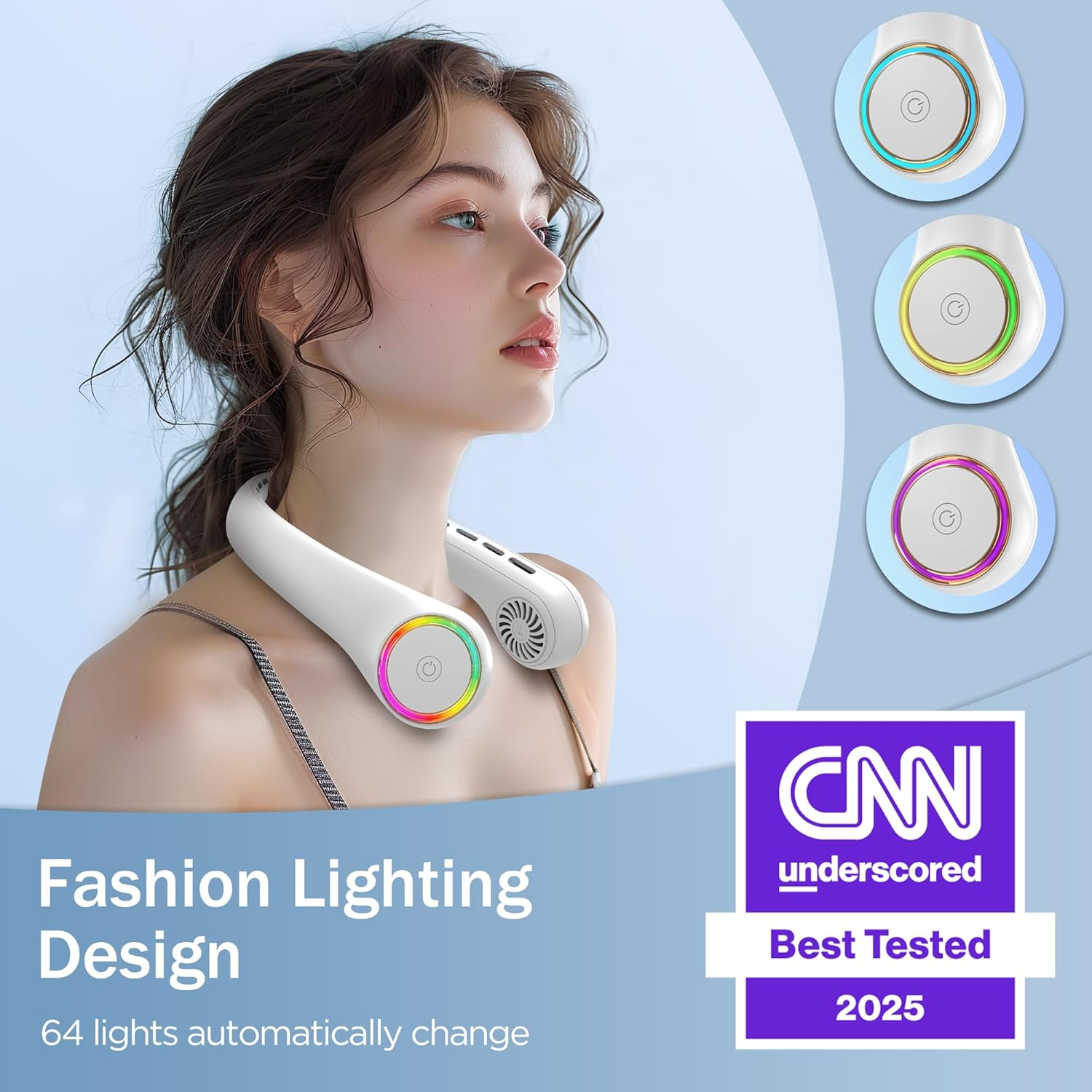 Portable Neck Fan, Personal Fan with 4000Mah Battery, Rechargeable Neck Fan with 3 Speeds and 64 Cool Lights, Birthday Gifts for Men Women Mom Dad, Hands Free Cooling Fan for Summer(White) - Dark Green image number 6