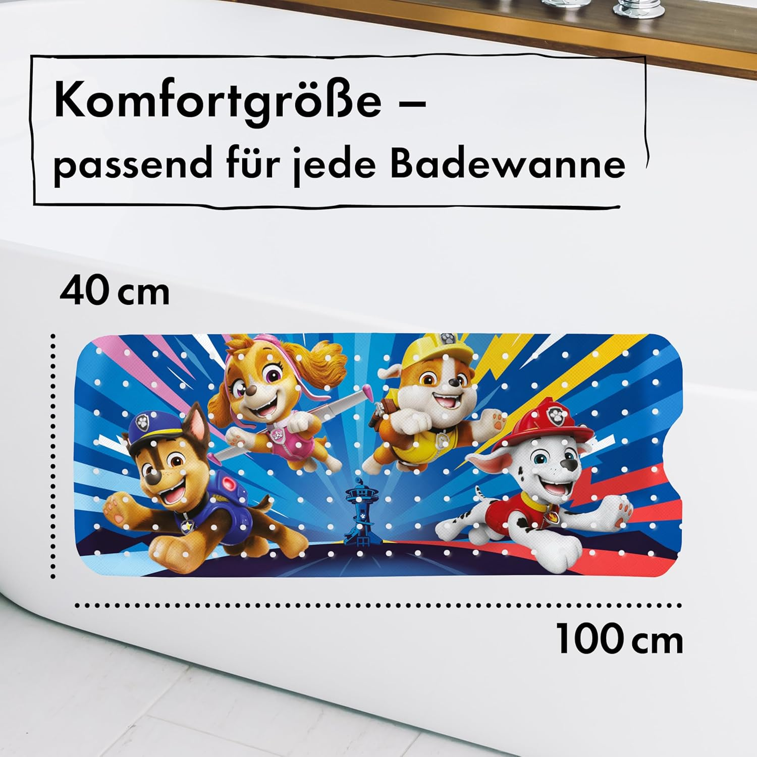 PAW Patrol Non-Slip Bath Mat for Children - Anti-Mould Bath Mat for PAW Patrol Fans, Anti-Bacterial, with Suction Cups, Hangers and Drainage Holes, 100 X 40 Cm image number 3