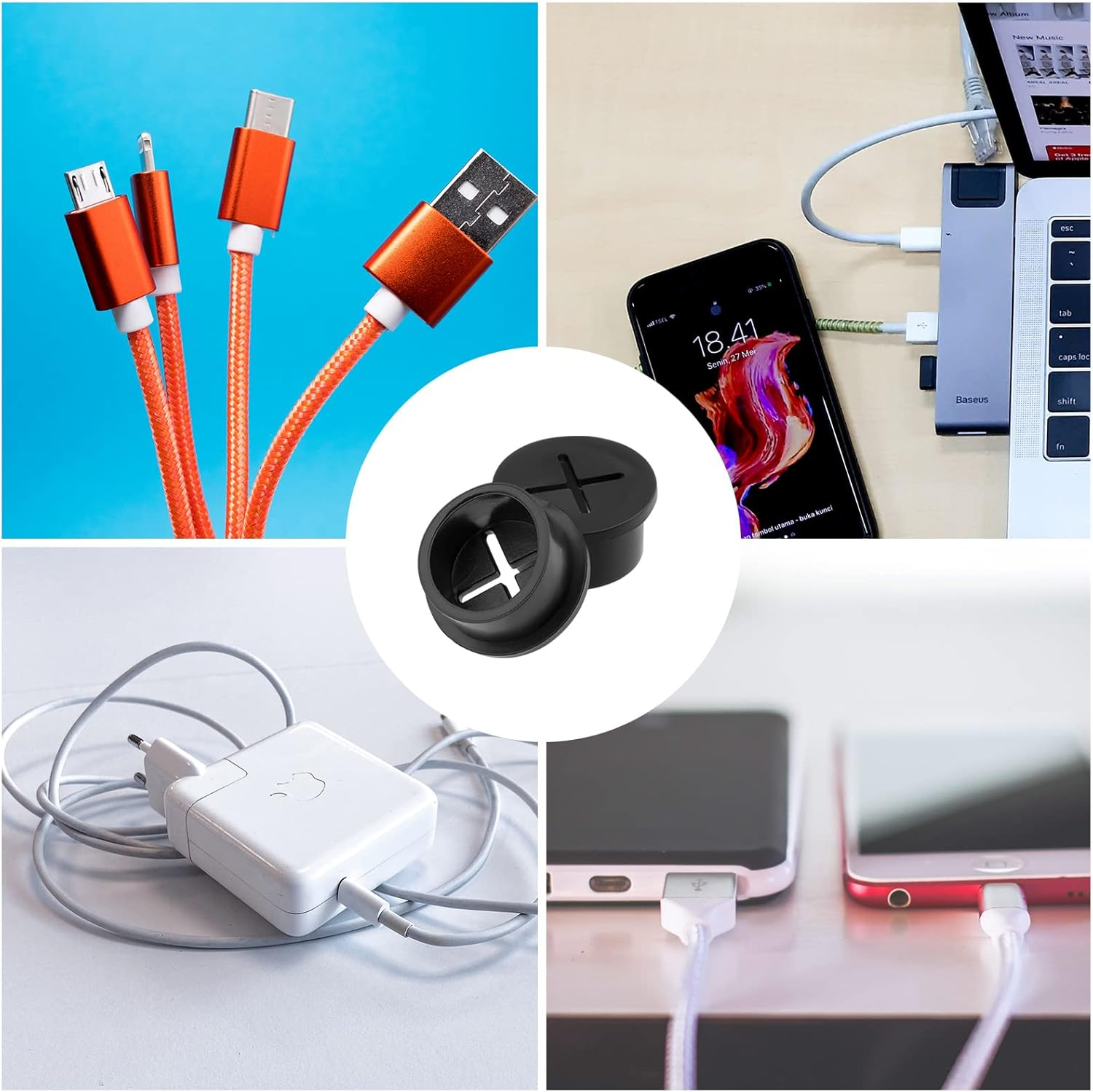 SAVITA 10Pcs Cable Cord Grommets 1 Inch, Rubber Wire Cable Grommet Hole Cover Cords and Cables Organizer Cross Hollow Style Wire Holders for Desk Office Home School Computer (Black) - White image number 3