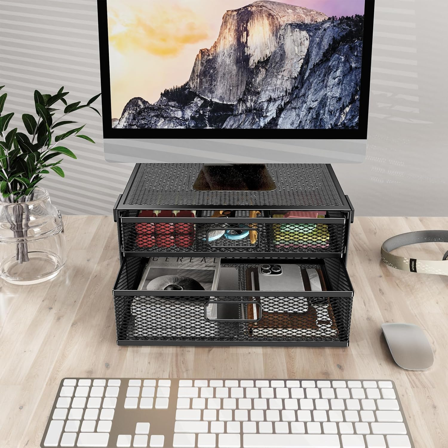 Under Desk Drawer Organizer Clamp-On, XICEN Mesh Metal Desk Drawer Attachment, 2 Drawer Slide Out, on Desk or under Desk Organizer for Office Supplies & Home Essentials (Black-Medium)