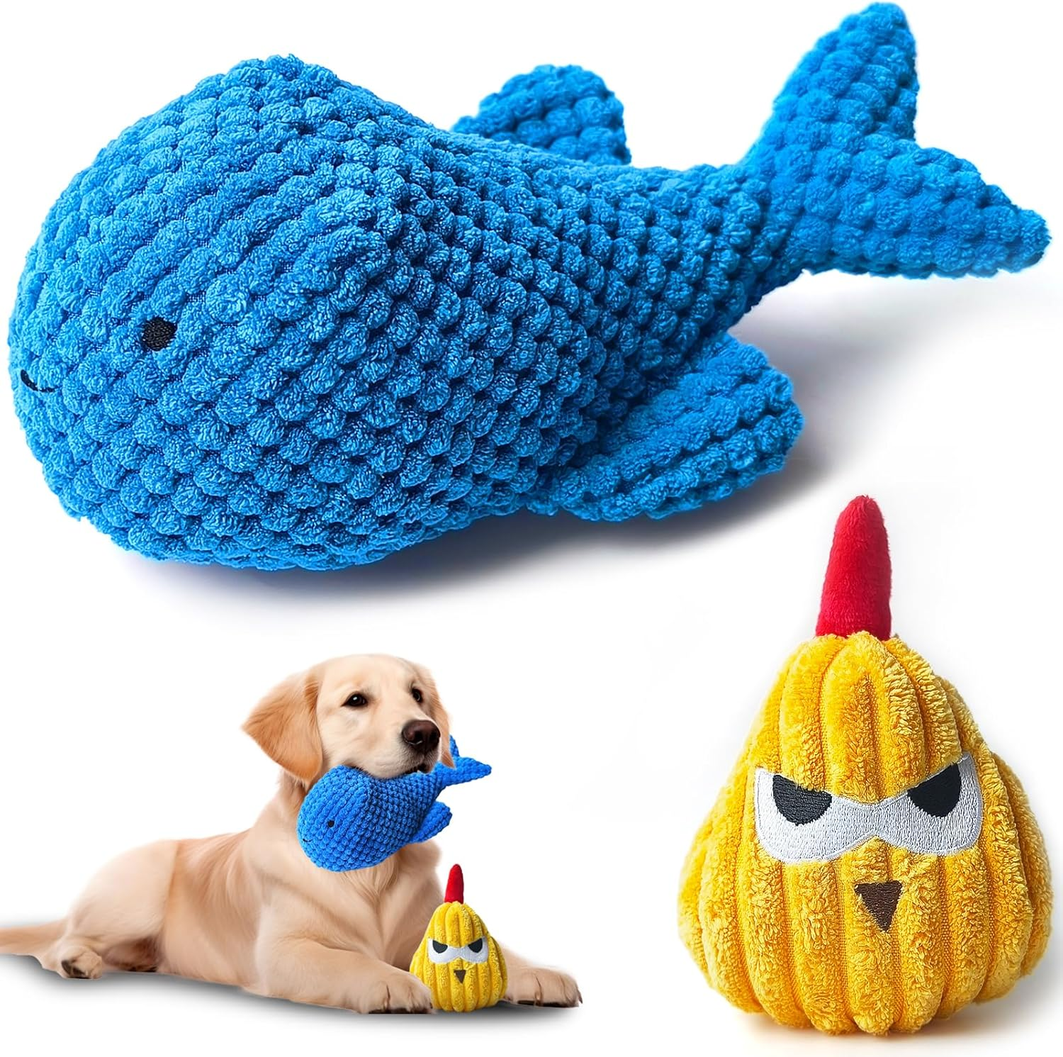 2PCS Dog Chew Toys for Puppy Teething Training, Interactive Squeaky Plush Toys for Small Dogs, Shark & Chicken Shapes for Dental Cleaning/Soothing Gums/Play Training image number 3
