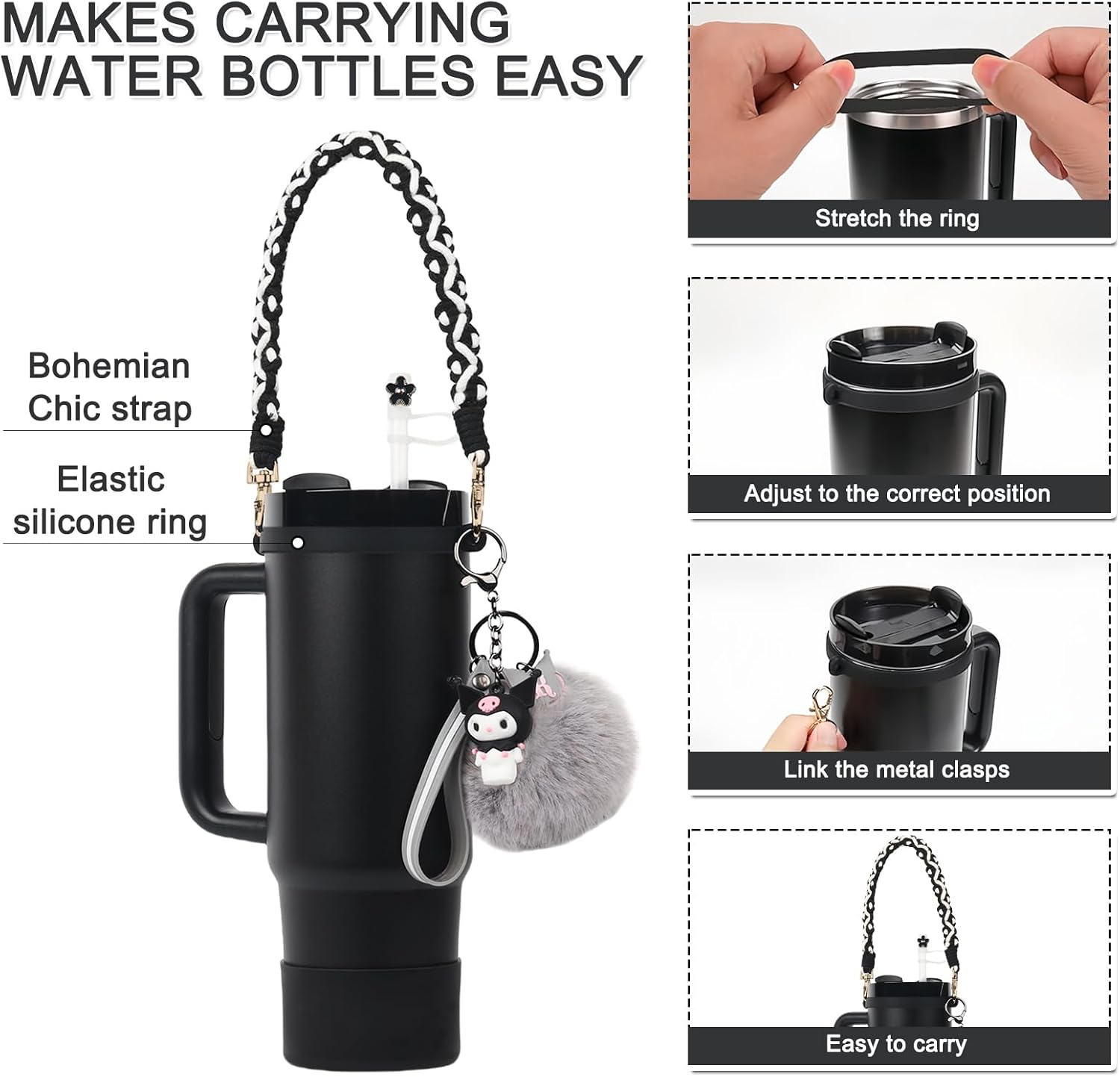 Stanley Cup Accessories Set, Cartoon Cute Kawaii Pom Pom Design Water Bottle Handle Strap, Silicone Stanley Cup Boot, Stanley Charms for Stanley Cup 30/40Oz Tumble image number 1