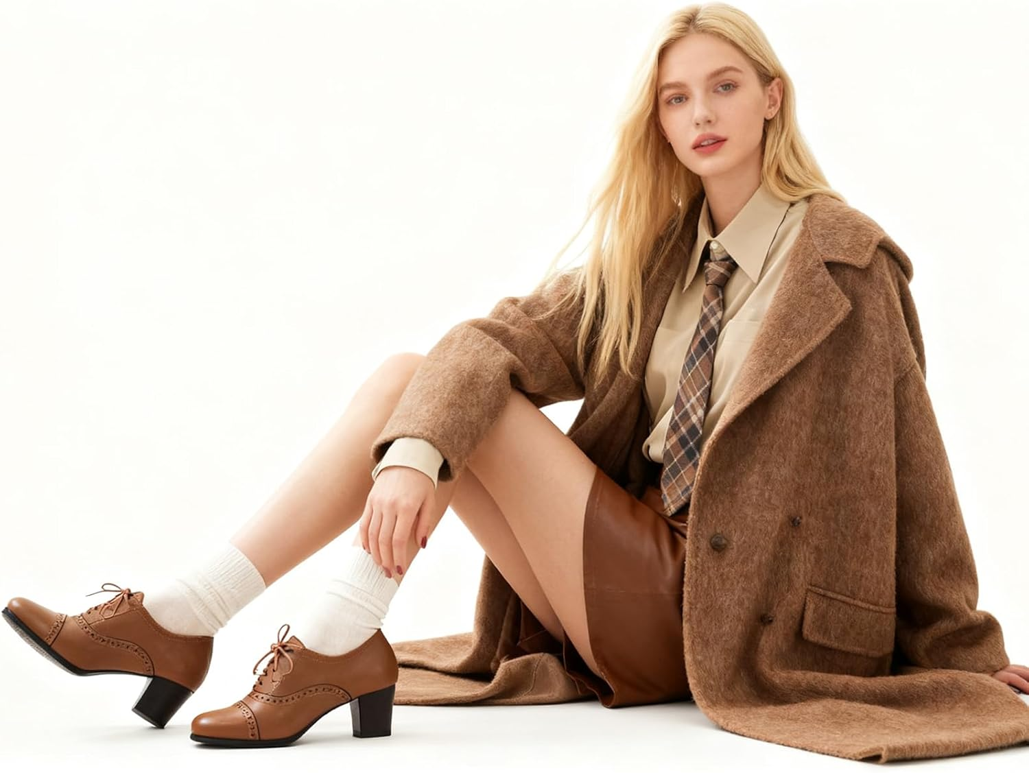 Women'S Oxfords Wingtip Lace up Chunky High Heels Pumps Square Closed Toe Vintage Brogue Dress Shoes image number 4