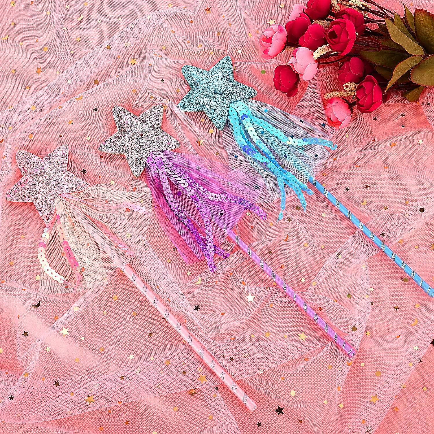 Prasacco 3 Pieces Magic Wands for Kids Glitter Princess Wands Star Wand Toy Sticks for Girls Fairy Wand for Christmas Costume Props Birthday Party Supplies image number 3