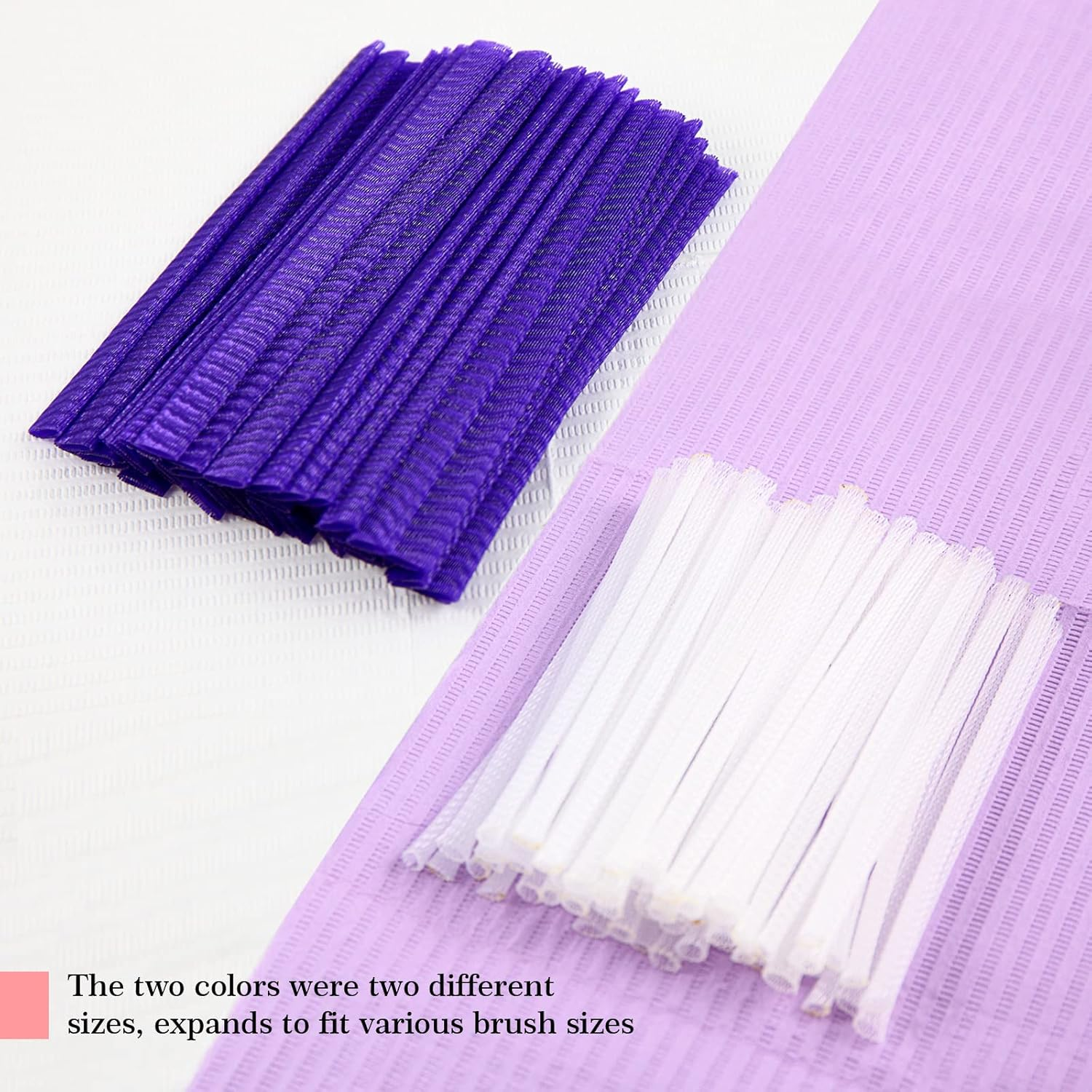 100Pcs Makeup Brush Protector Cosmetic Makeup Brush Pen Guard Expandable Mesh Sleeve Covers Set Storage Small Medium Large Sizes Brushes for Travel (Purple and White) image number 5