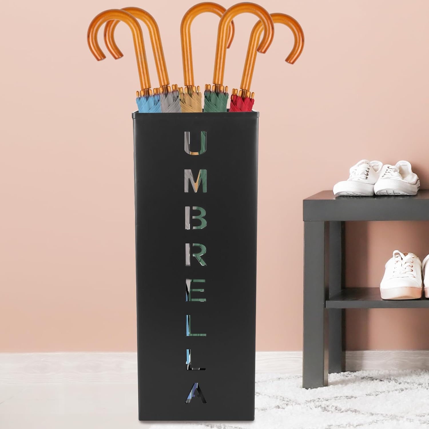 Metal Umbrella Stand, 16.5X6.3X6.3Inch Square Free Standing Umbrella Rack Decorative Umbrella Holder Bin Multipurpose Walking Sticks Holder for Umbrella Cane Entryway Home Office(Black) image number 1